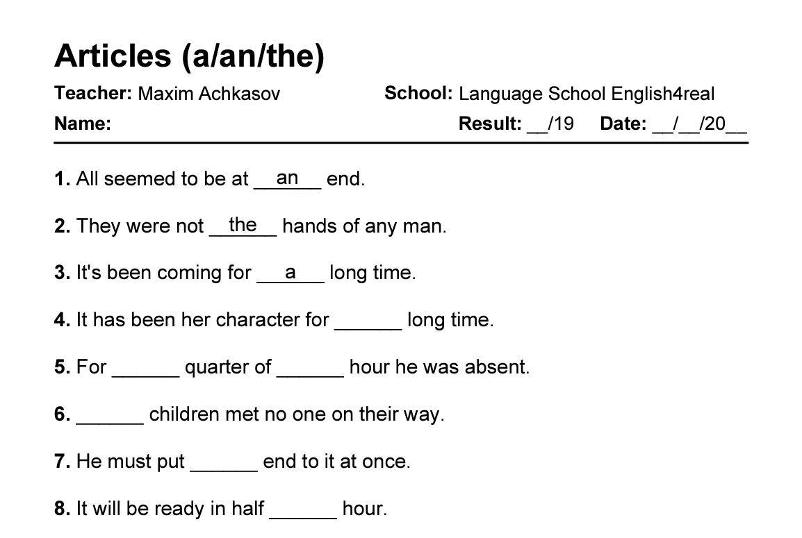 Articles A An The English Grammar Fill In The Blanks Exercises With Answers In Pdf