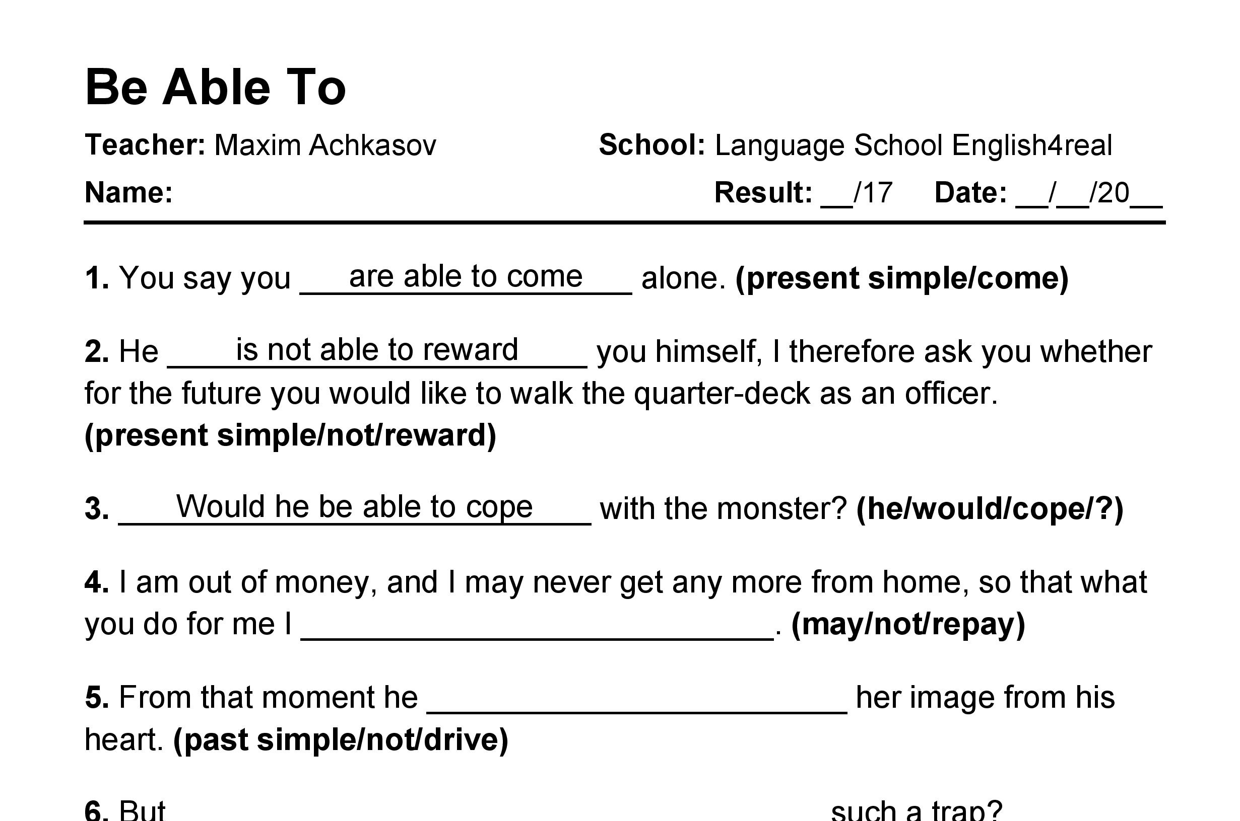 English grammar fill in the blanks exercises with answers in PDF - Be Able To