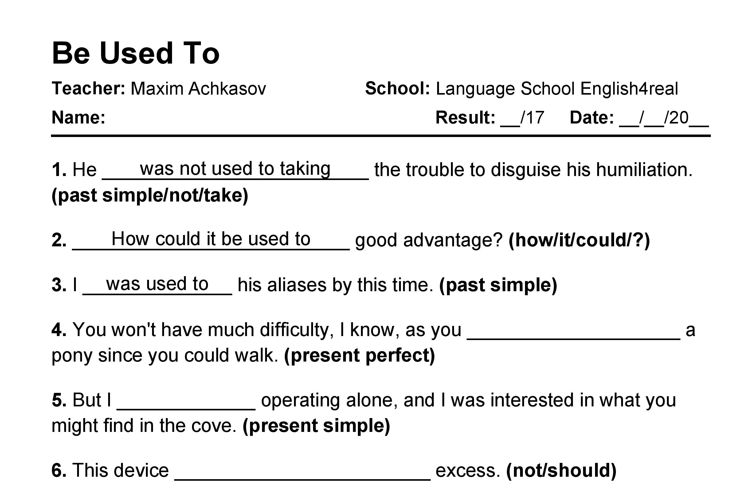 English grammar fill in the blanks exercises with answers in PDF - Be Used To