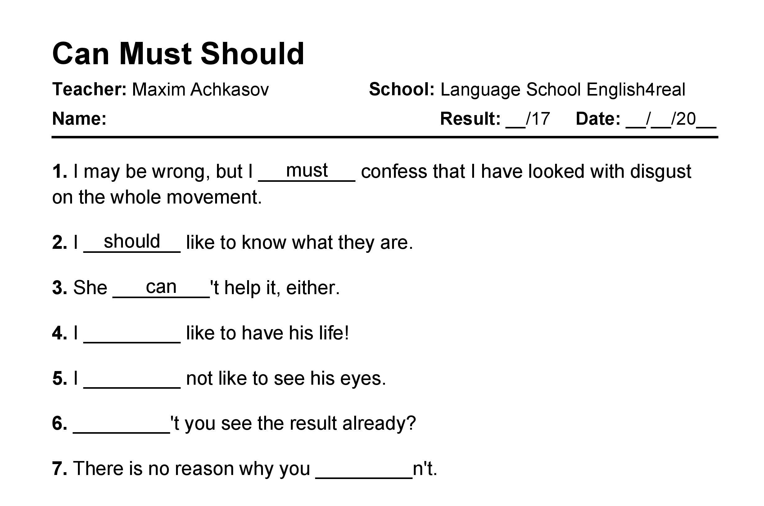 English grammar fill in the blanks exercises with answers in PDF - Can vs. Must vs. Should