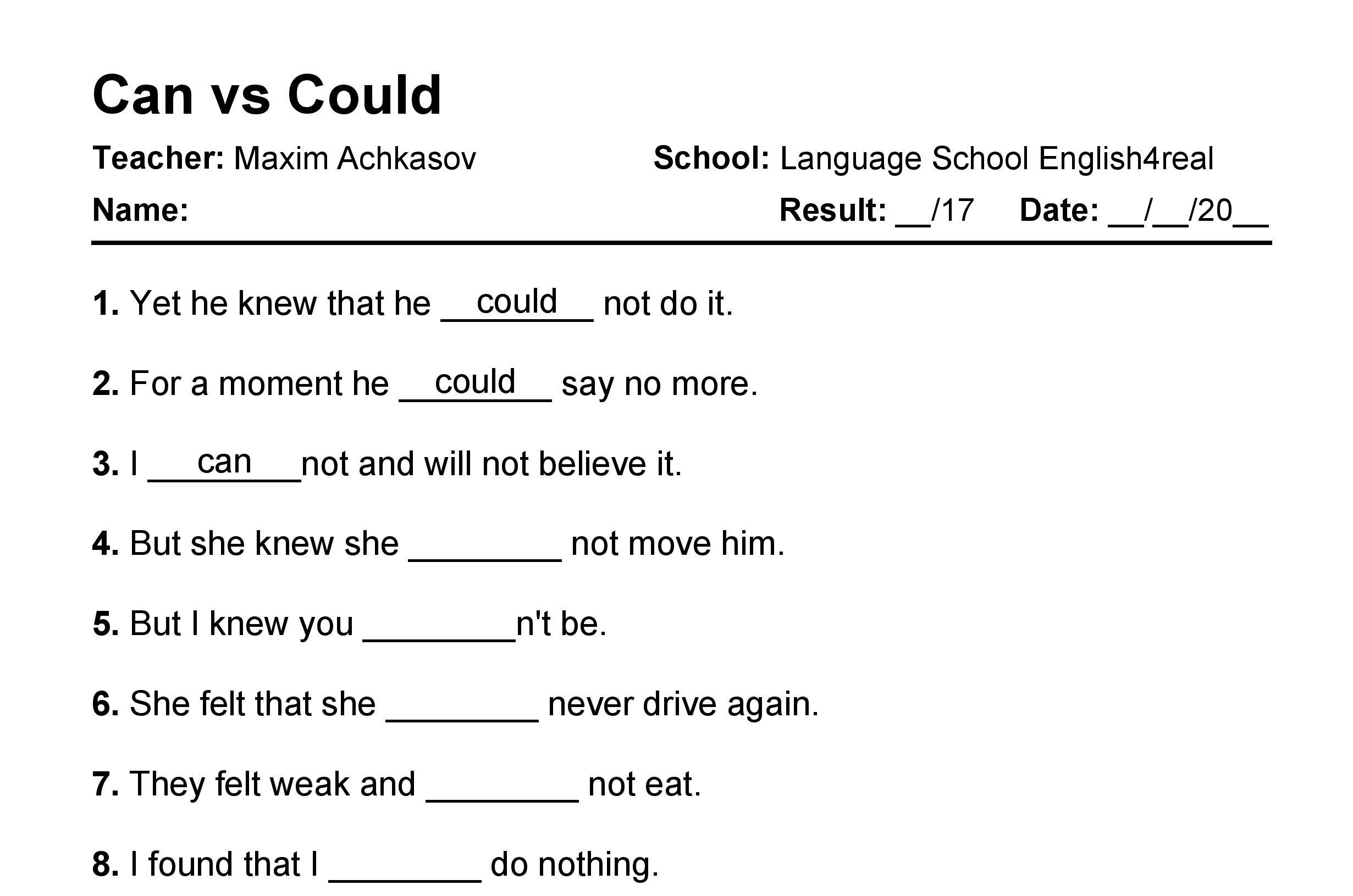 Can vs. Could | English grammar fill in the blanks exercises with ...