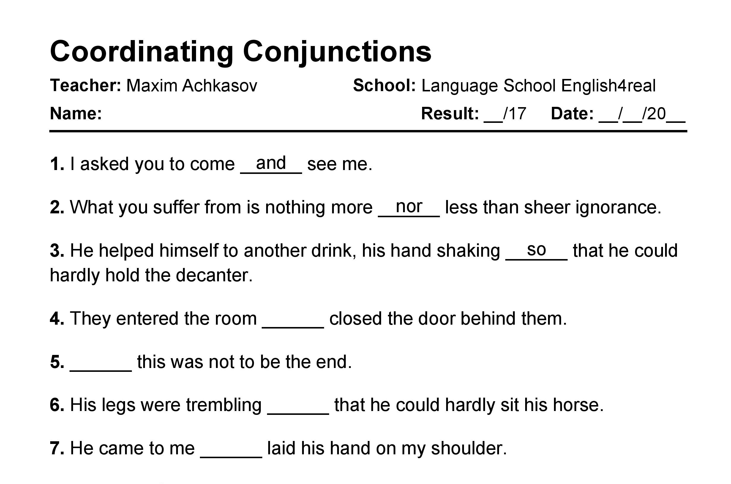 Coordinating Conjunction Worksheet