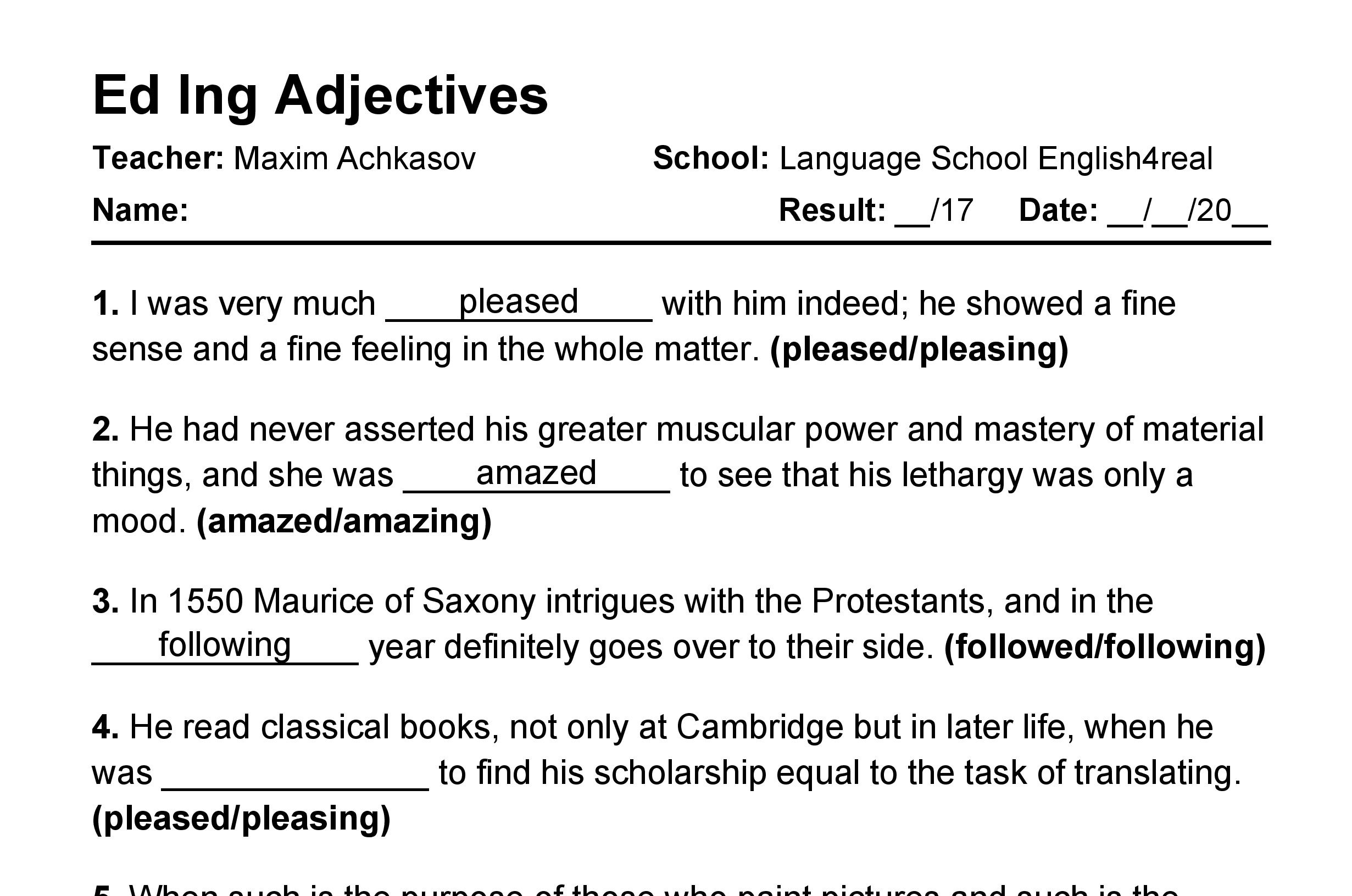  Ed Ing Adjectives English Grammar Fill In The Blanks Exercises 
