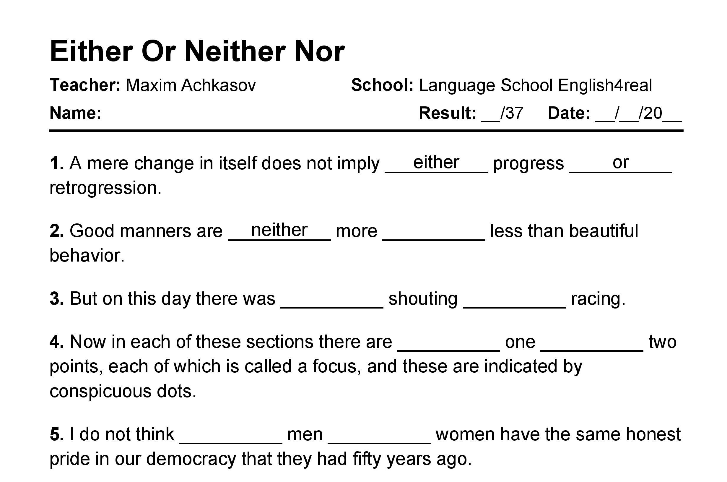 Either Or Vs Neither Nor English Grammar Fill In The Blanks 