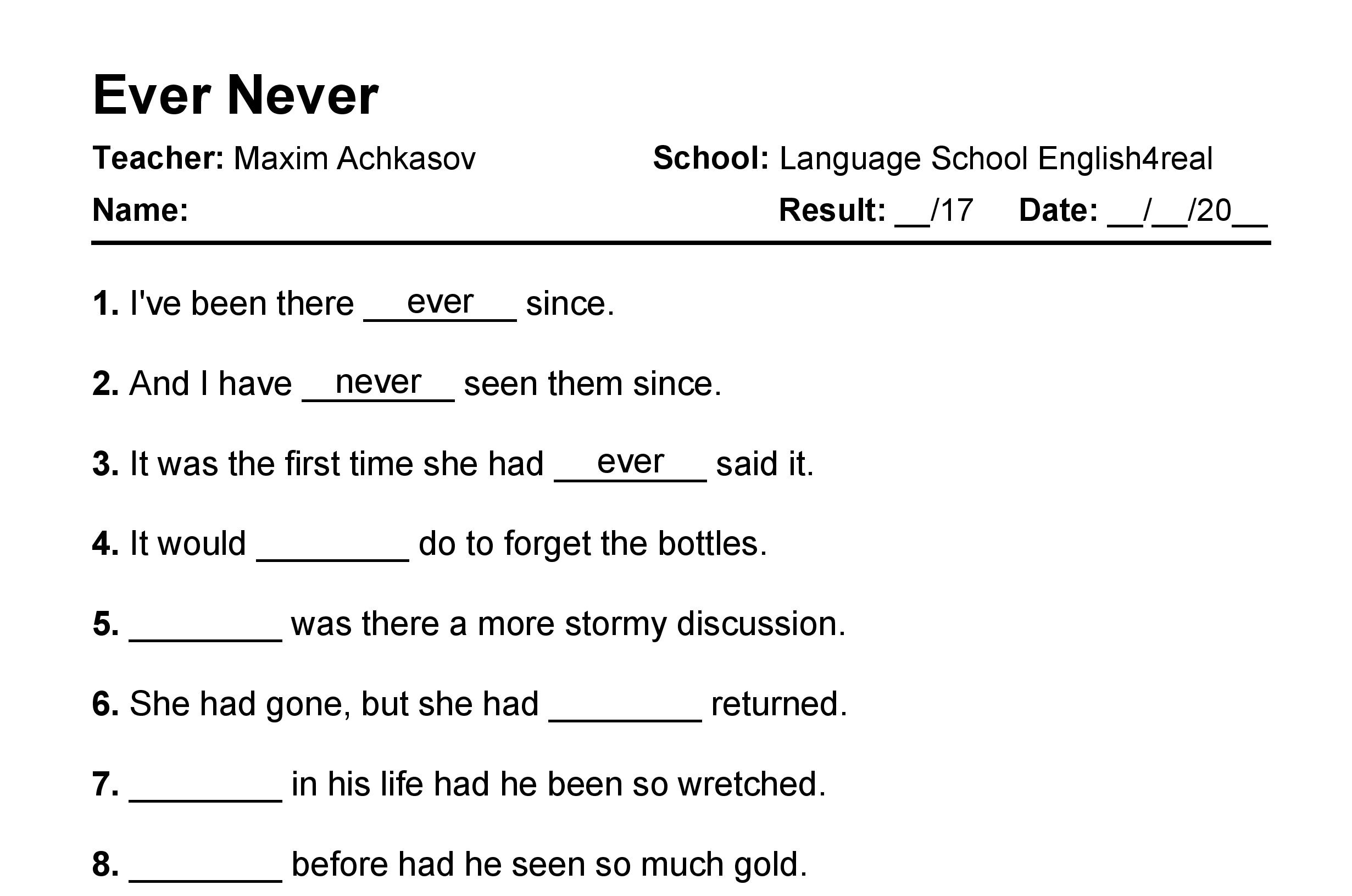 English grammar fill in the blanks exercises with answers in PDF - Ever vs. Never