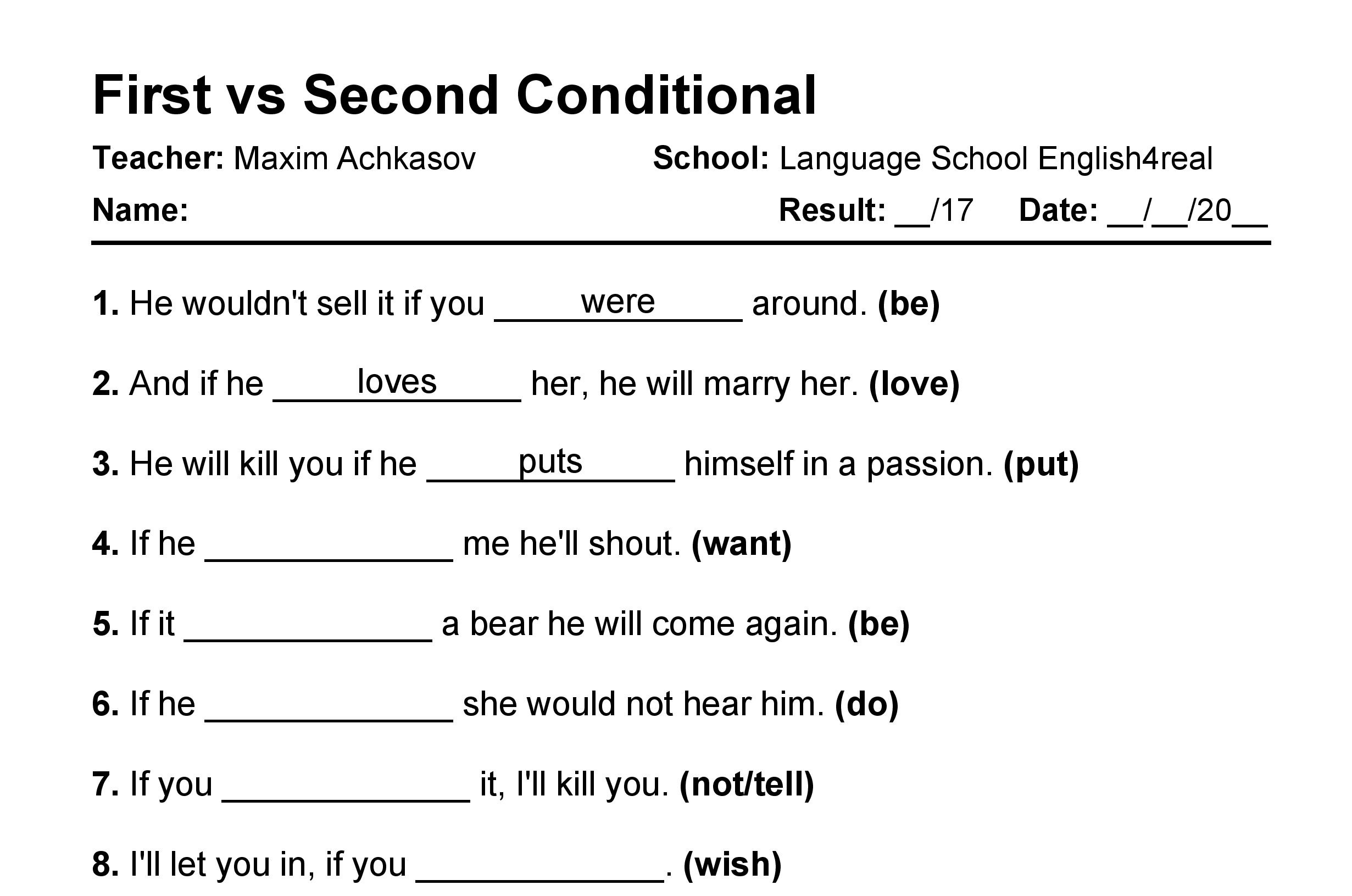 First Vs Second Conditional English Grammar Fill In The Blanks 