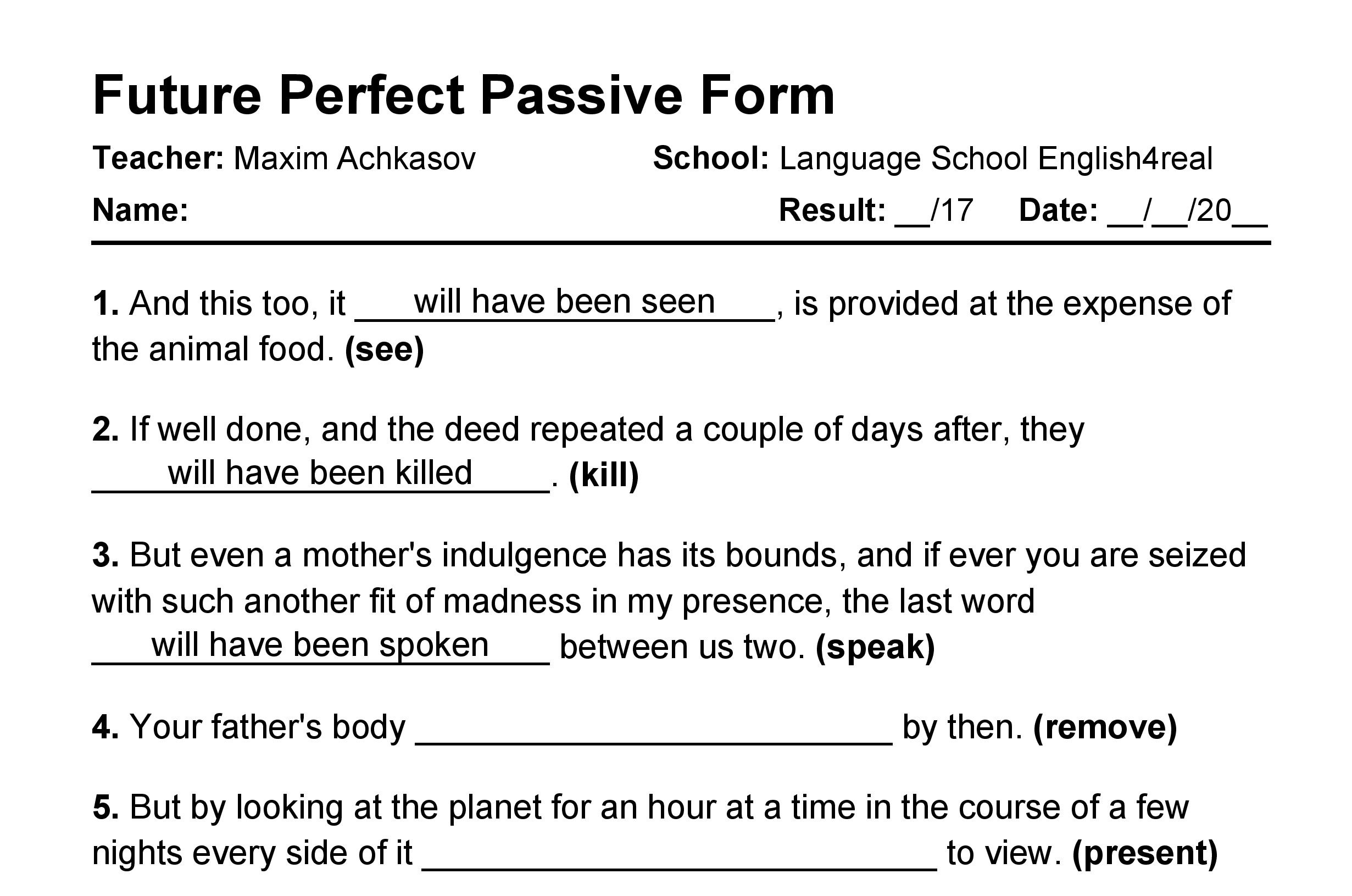 Future Perfect Passive English Grammar Fill In The Blanks Exercises 