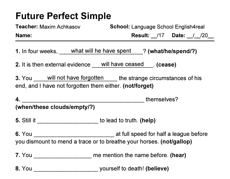 English grammar fill in the blanks exercises with answers in PDF - Future Perfect