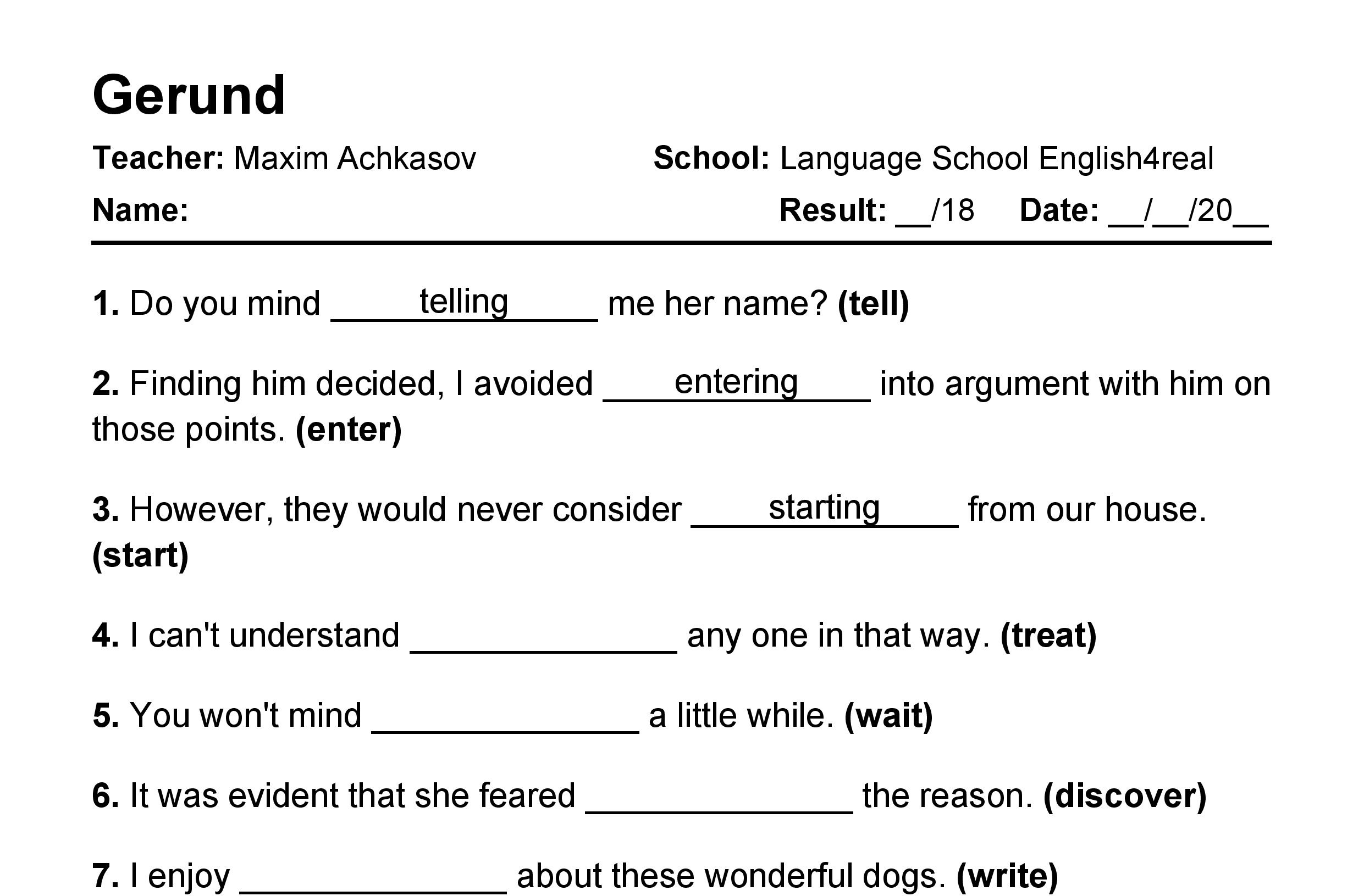 English grammar fill in the blanks exercises with answers in PDF - Gerund