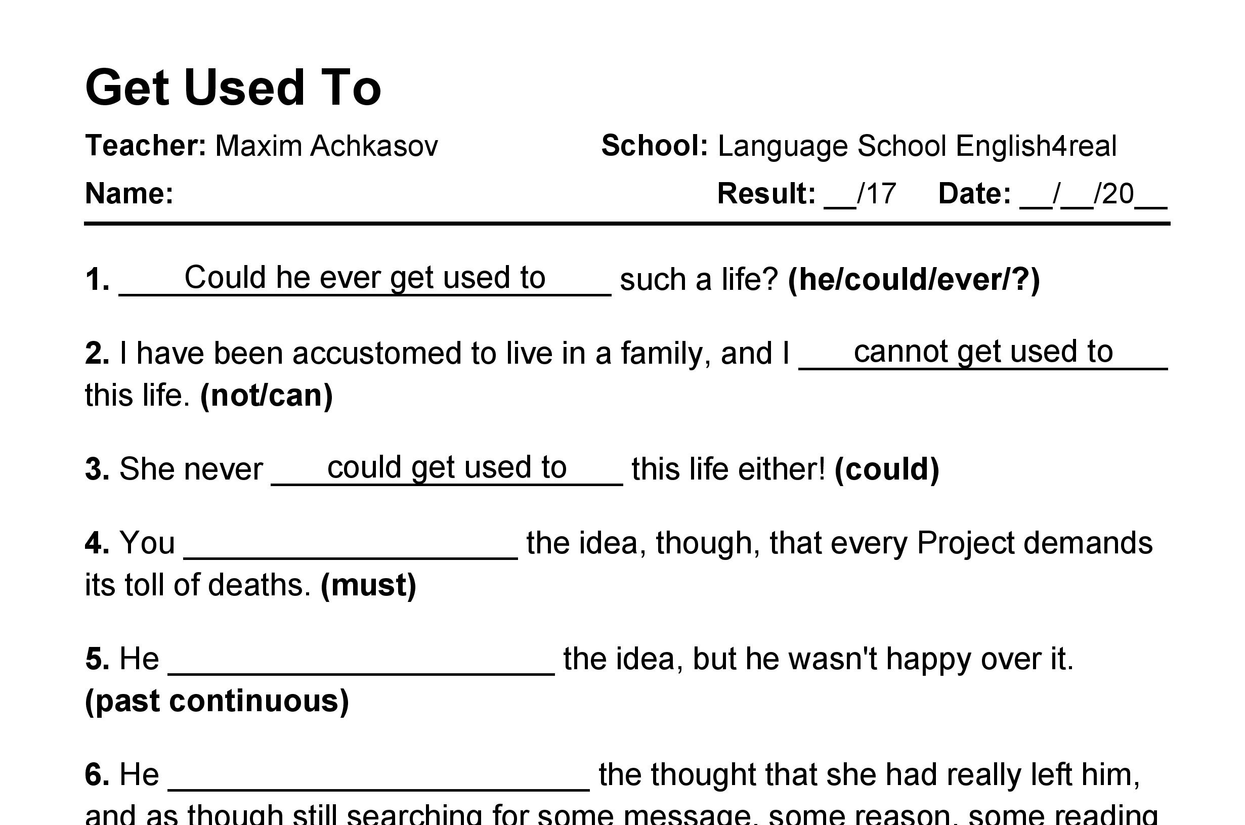 Get Used To English Grammar Fill In The Blanks Exercises With Answers 