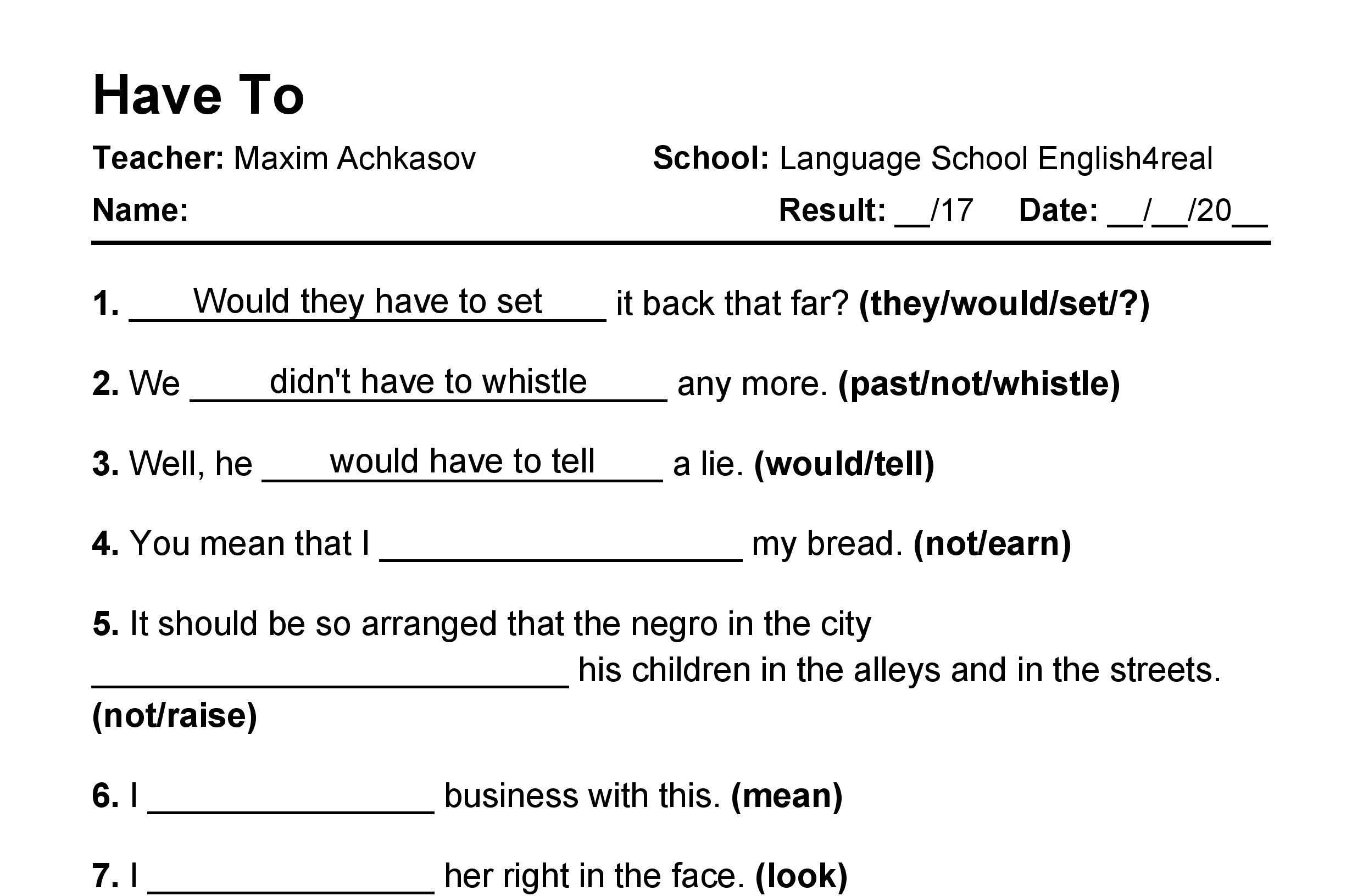 English grammar fill in the blanks exercises with answers in PDF - Have To