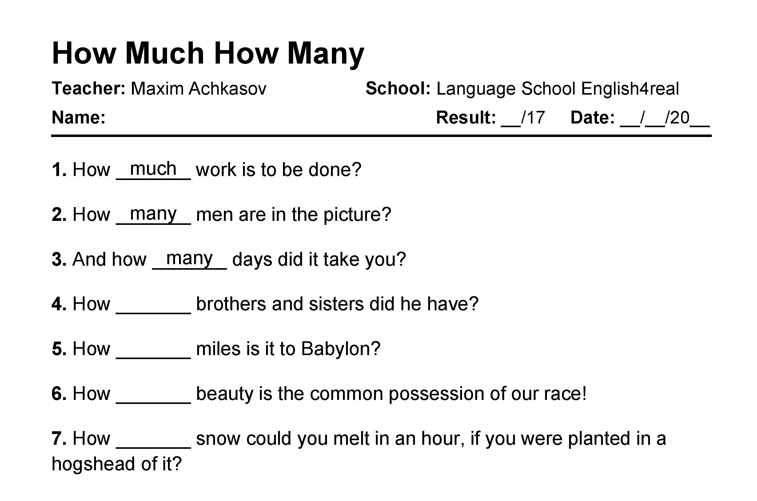 How Much And How Many Worksheets With Answers Pdf