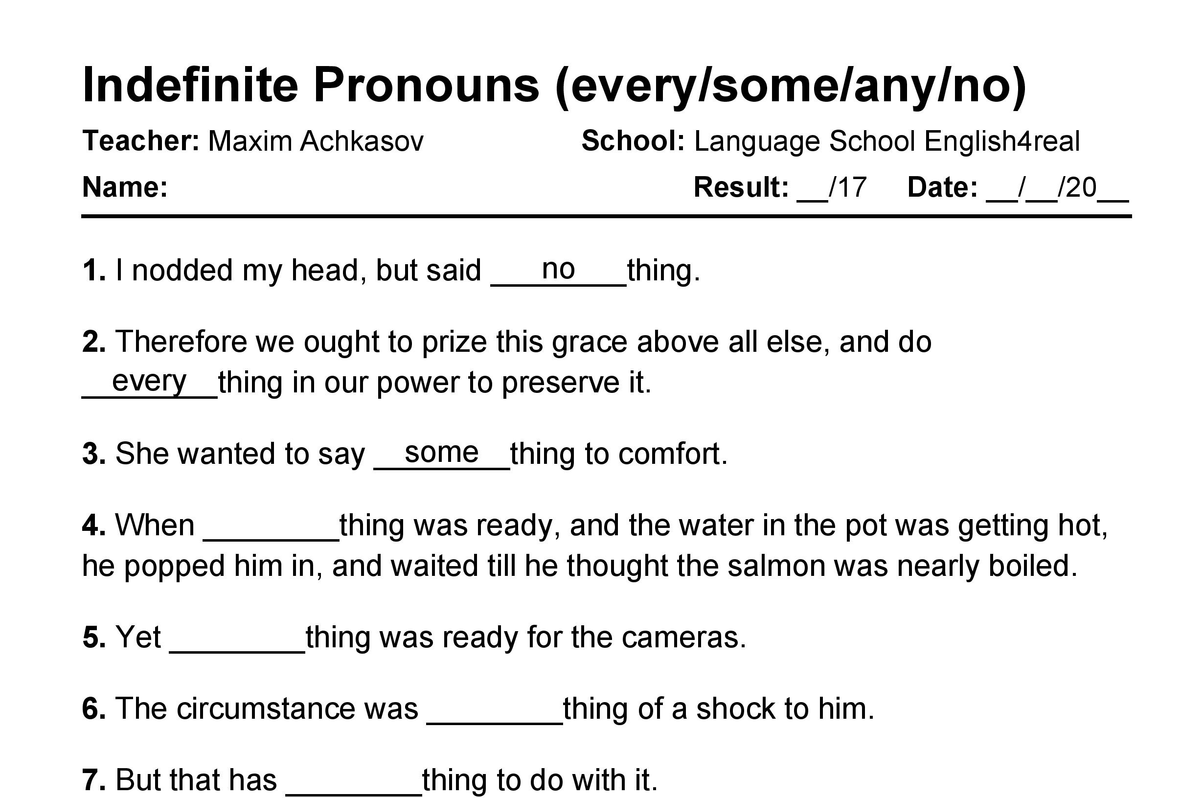 Indefinite Pronouns English Grammar Fill In The Blanks Exercises With 