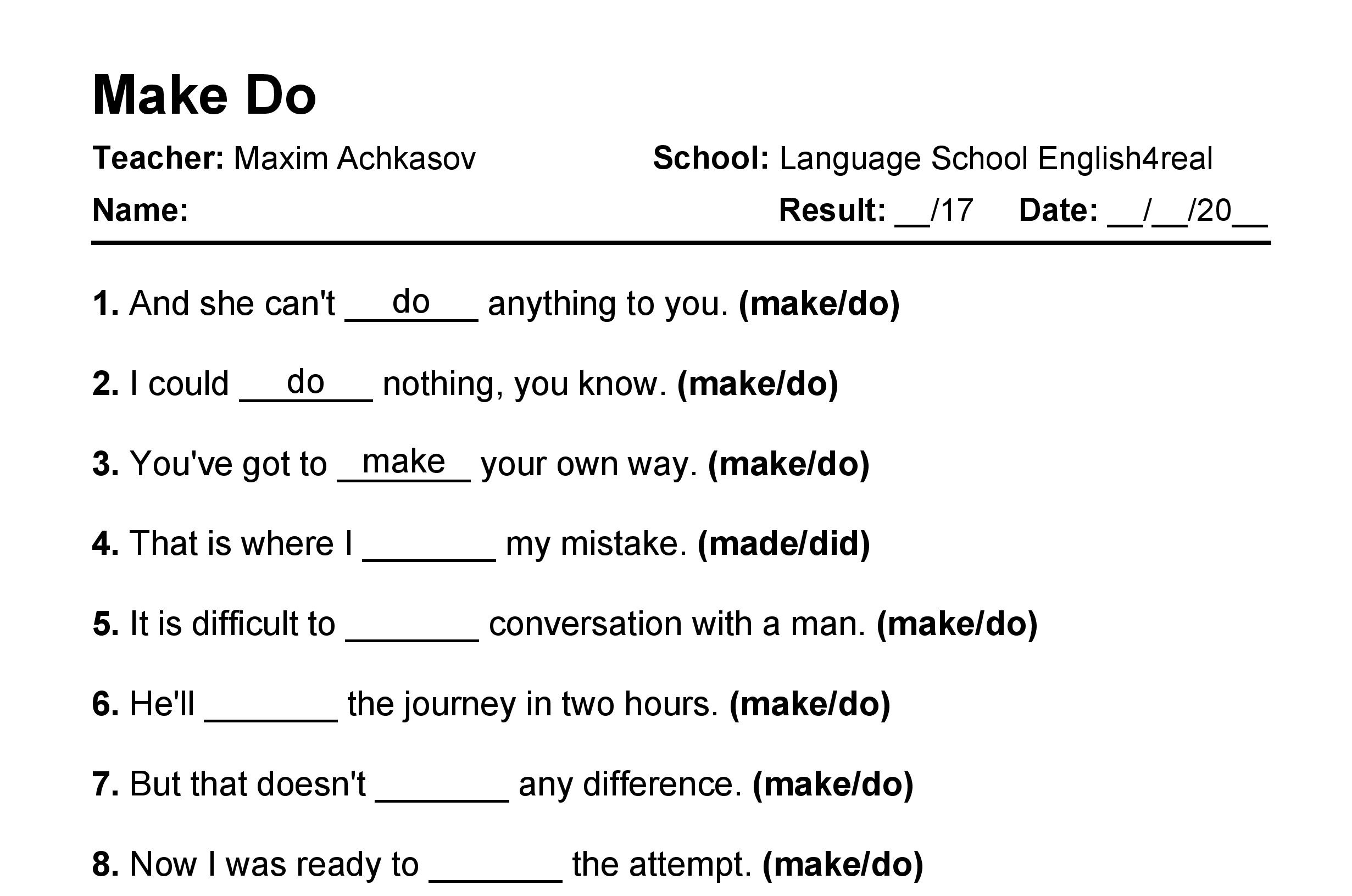 Make Vs Do English Grammar Fill In The Blanks Exercises With Answers In PDF