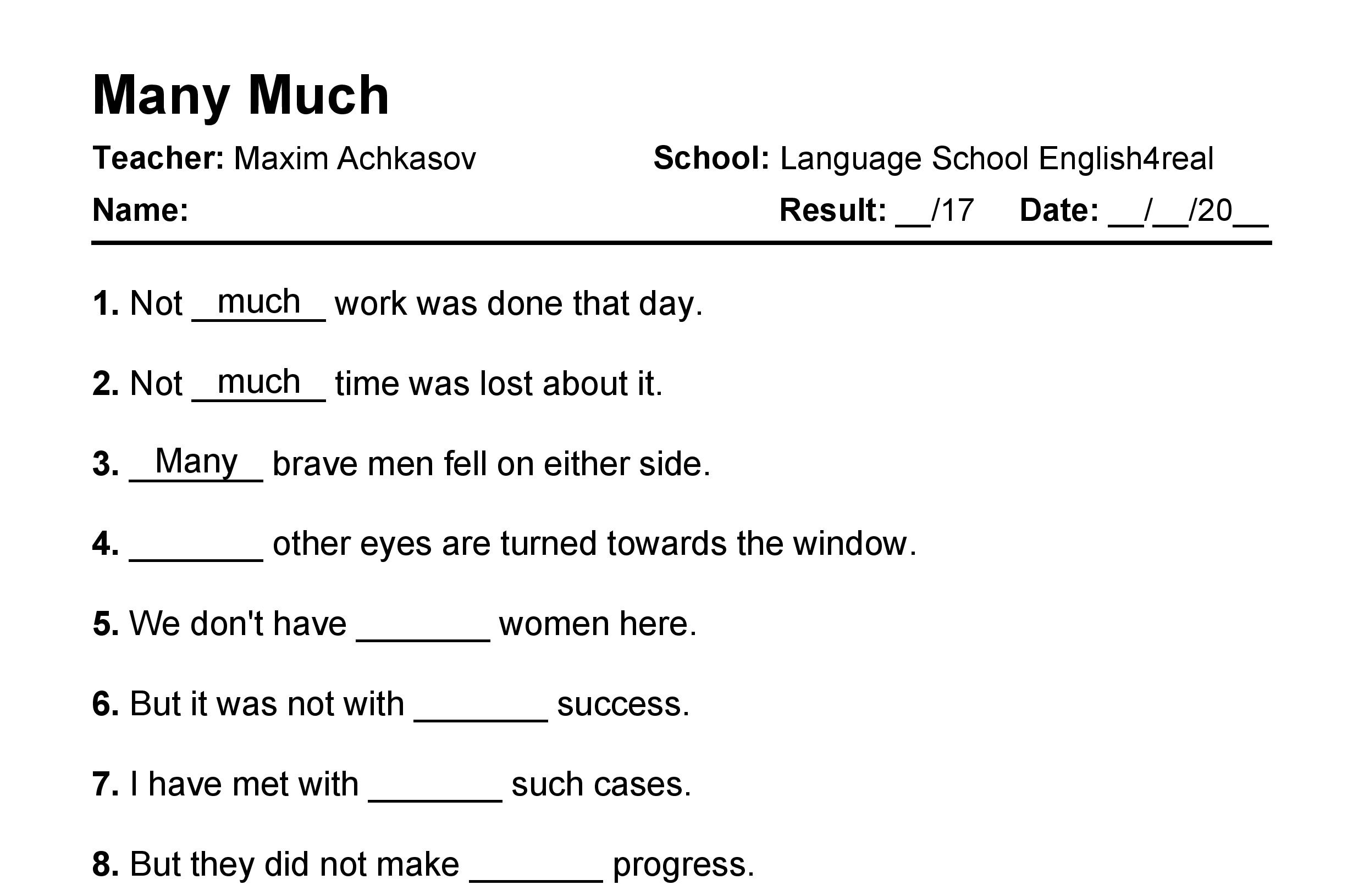 Many Vs Much English Grammar Fill In The Blanks Exercises With 
