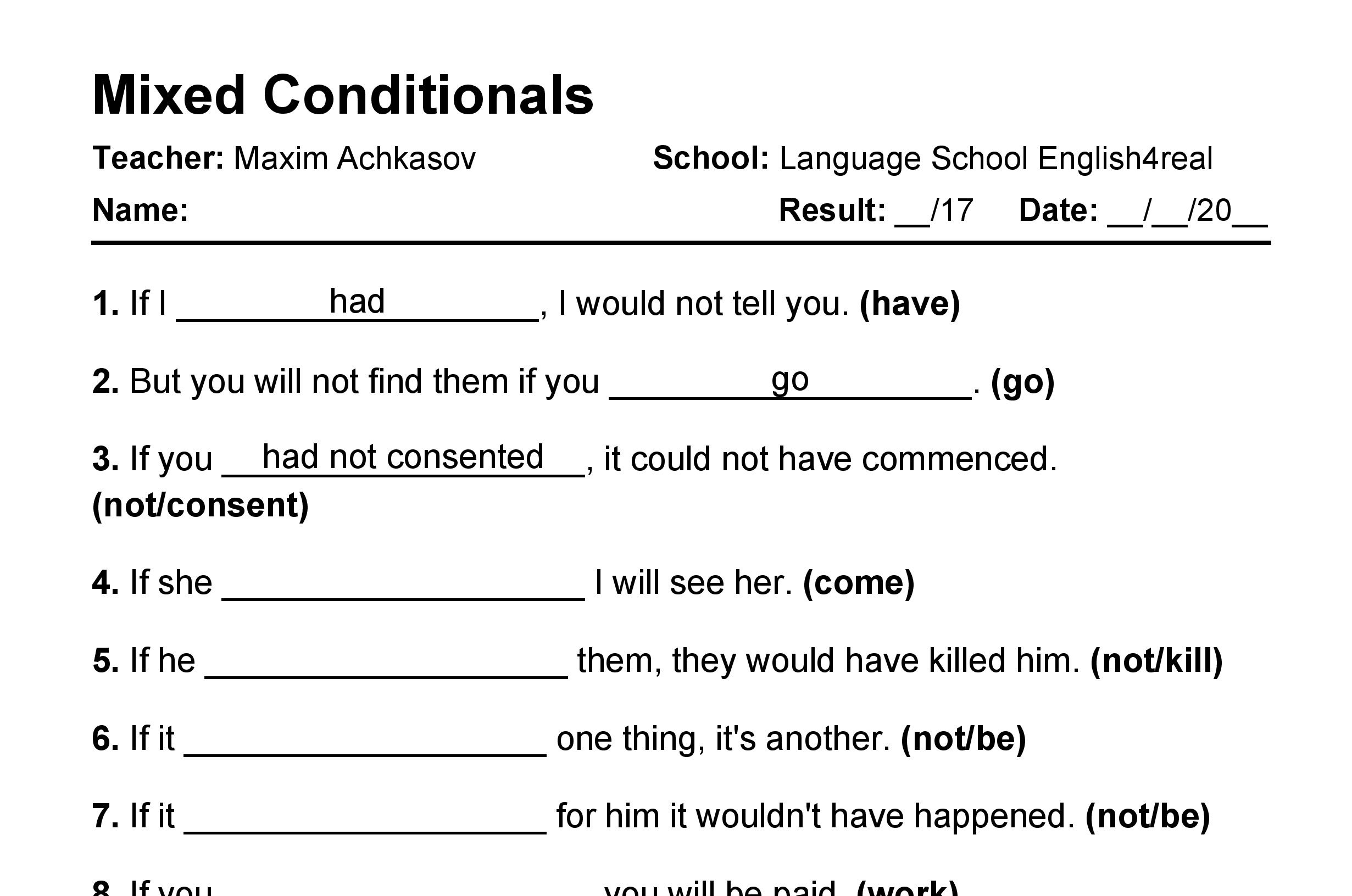 English grammar fill in the blanks exercises with answers in PDF - Mixed Conditionals