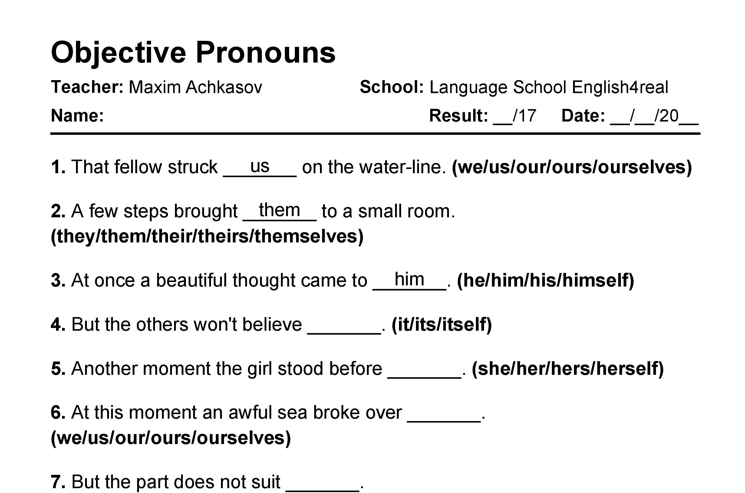 English grammar fill in the blanks exercises with answers in PDF - Objective Pronoun