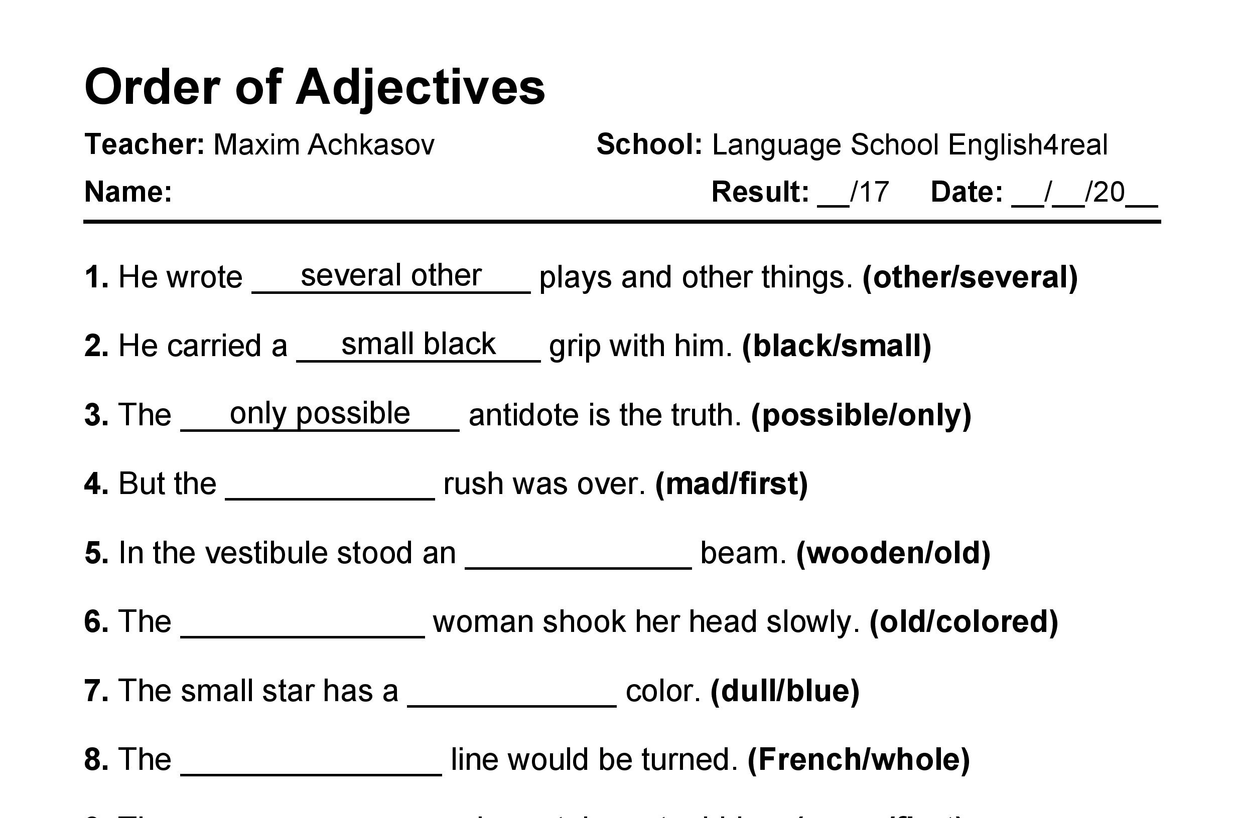 Order Of Adjectives English Grammar Fill In The Blanks Exercises With Answers In PDF