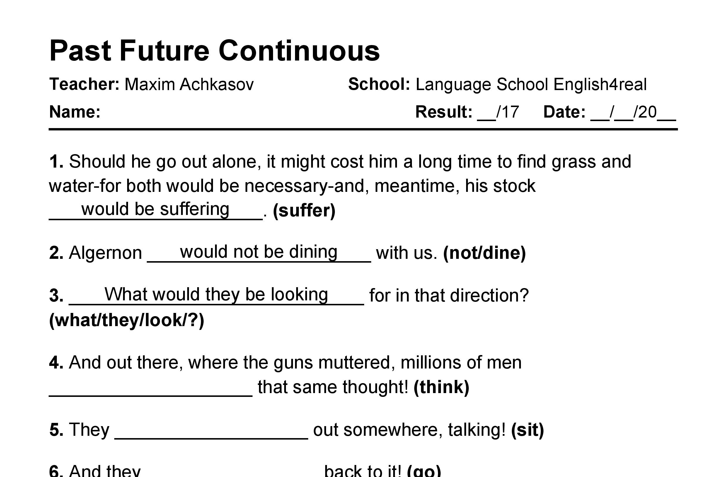 English grammar fill in the blanks exercises with answers in PDF - Past Future Continuous