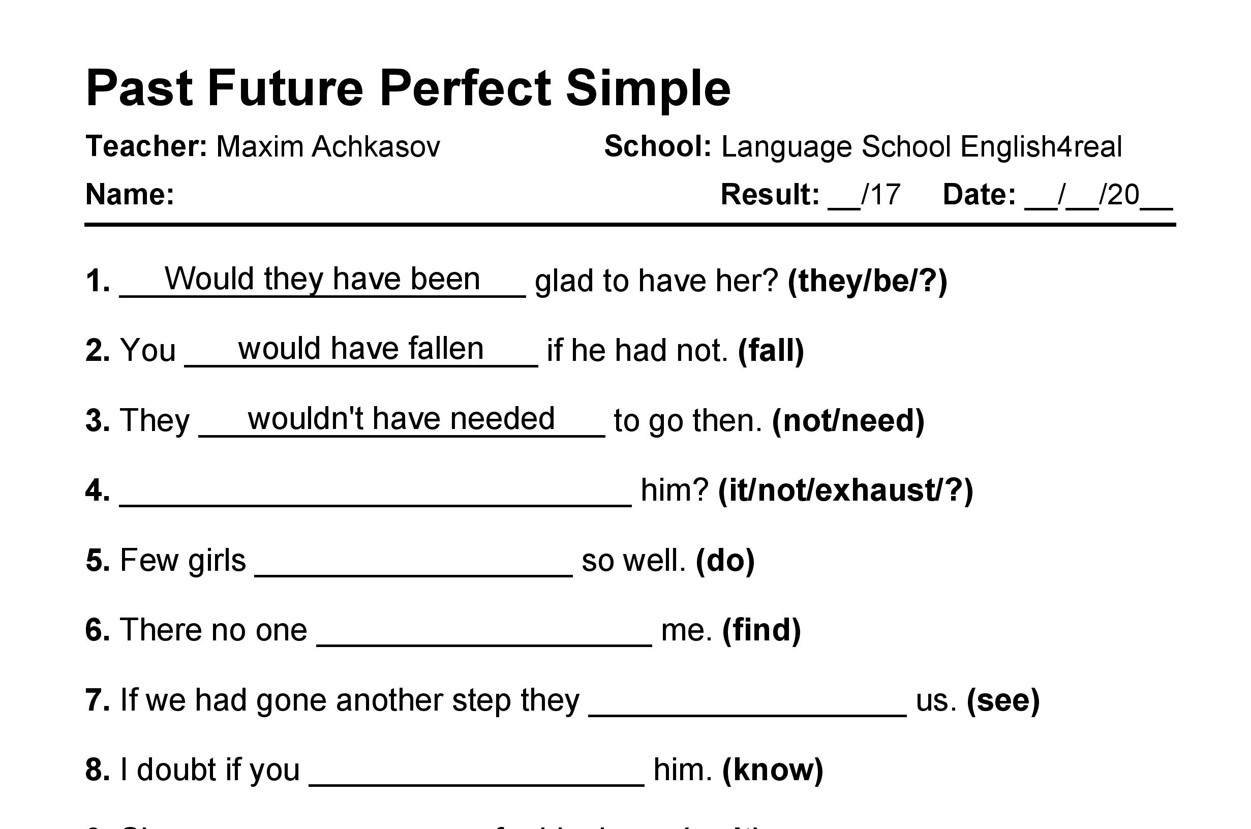 English grammar fill in the blanks exercises with answers in PDF - Past Future Perfect
