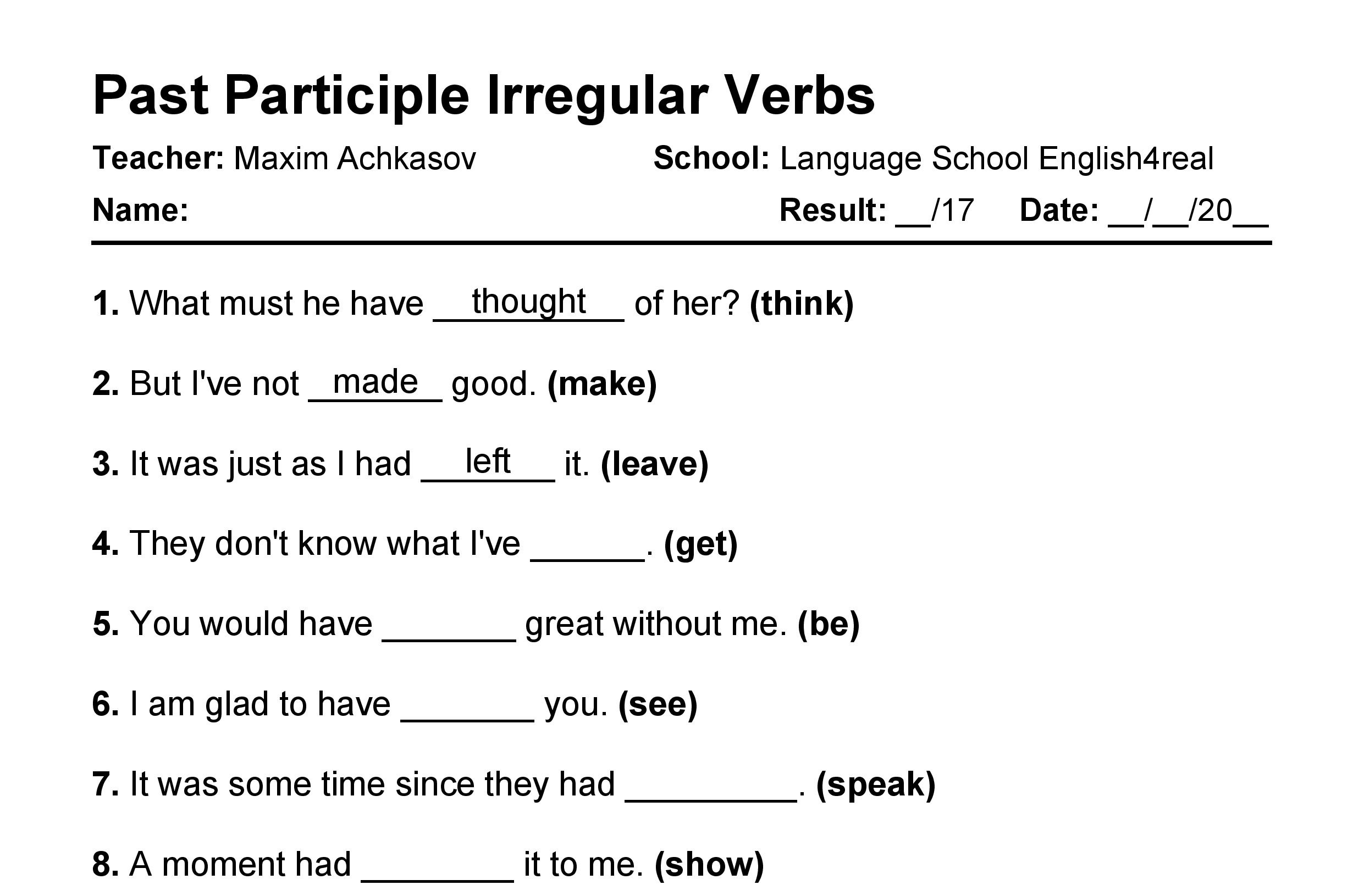 English grammar fill in the blanks exercises with answers in PDF - Past Participle Irregular Verbs