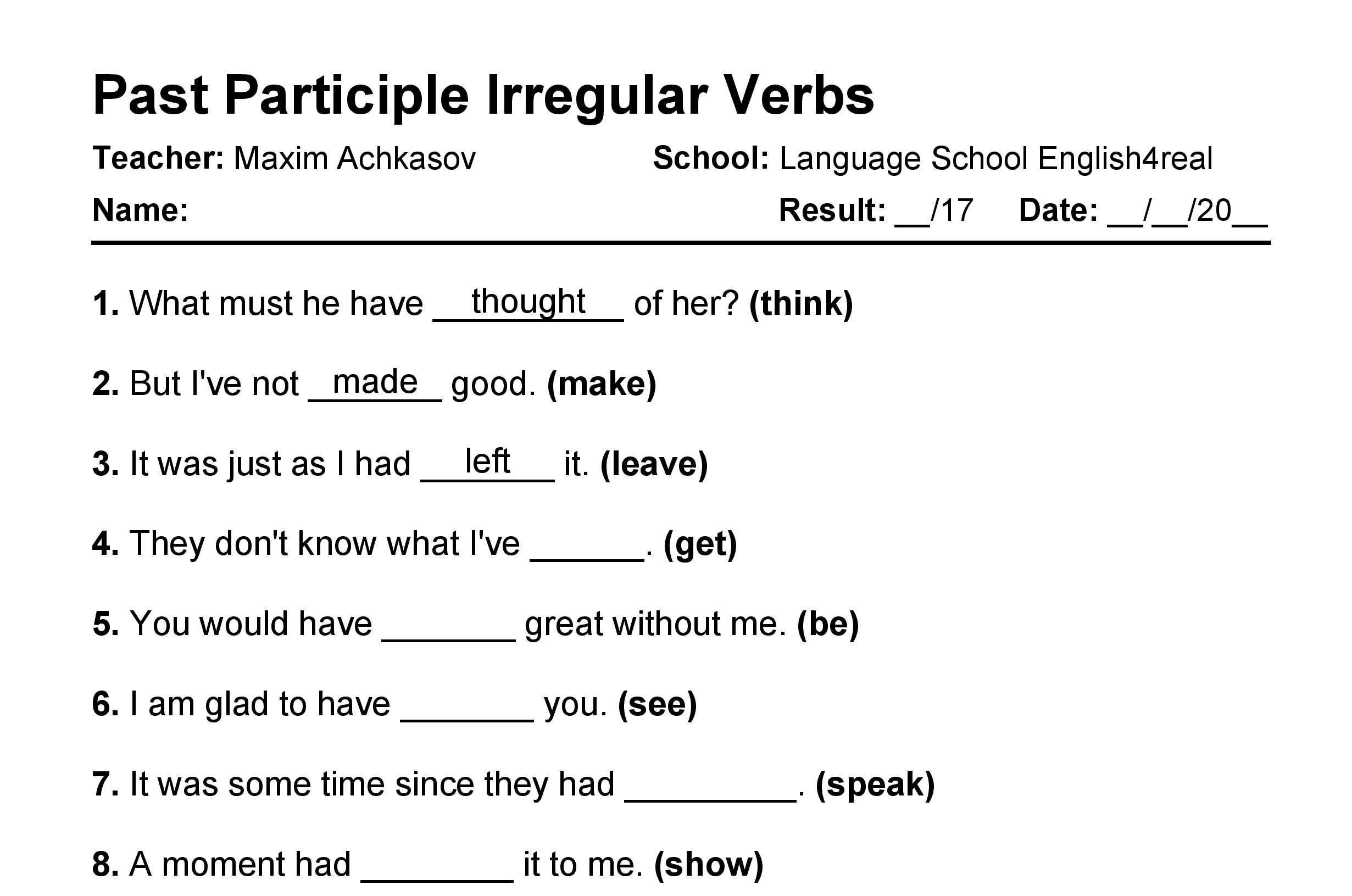 Past Participle Irregular Verbs English Grammar Fill In The Blanks Exercises With Answers In PDF