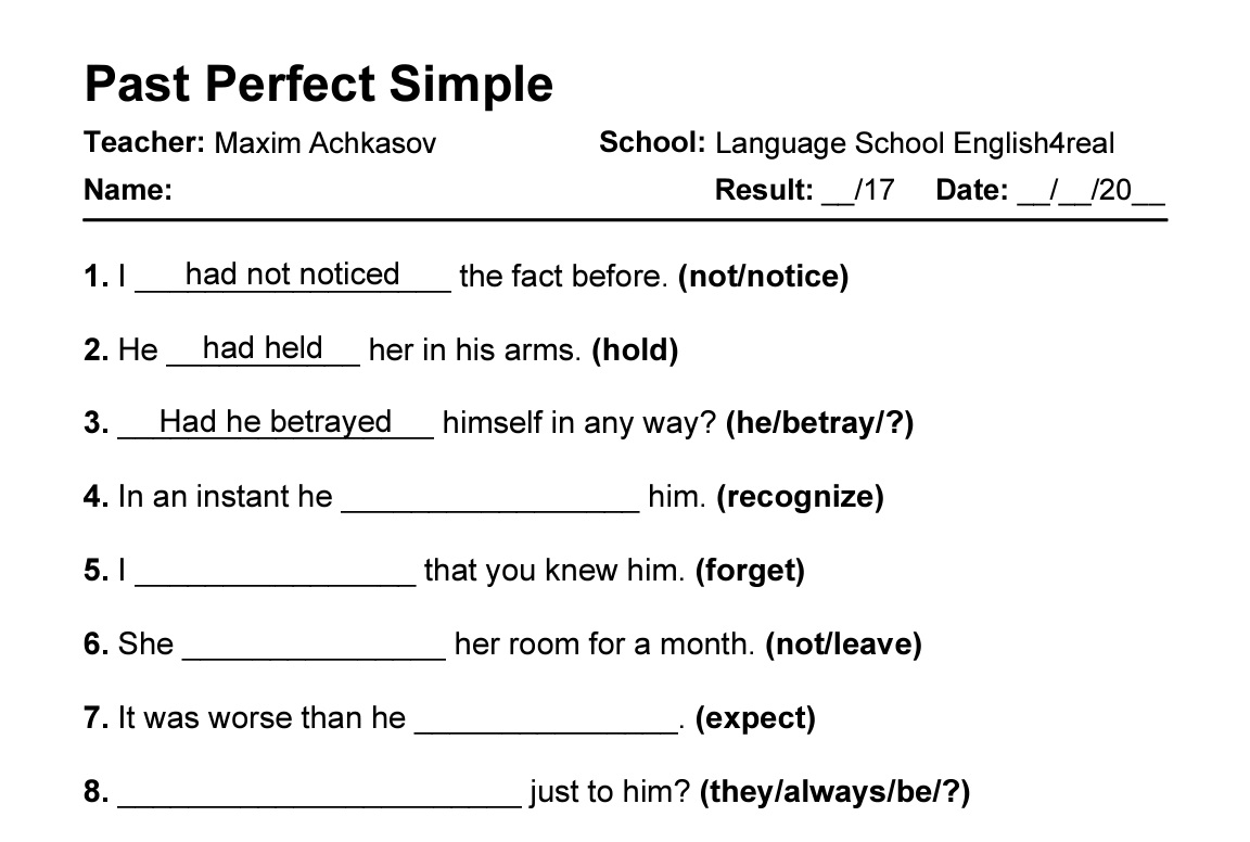 Past Perfect English Grammar Fill In The Blanks Exercises With 