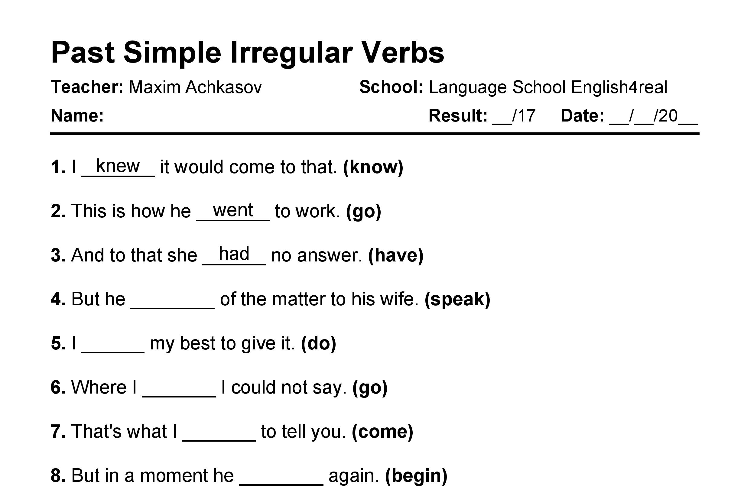 English grammar fill in the blanks exercises with answers in PDF - Past Simple Irregular