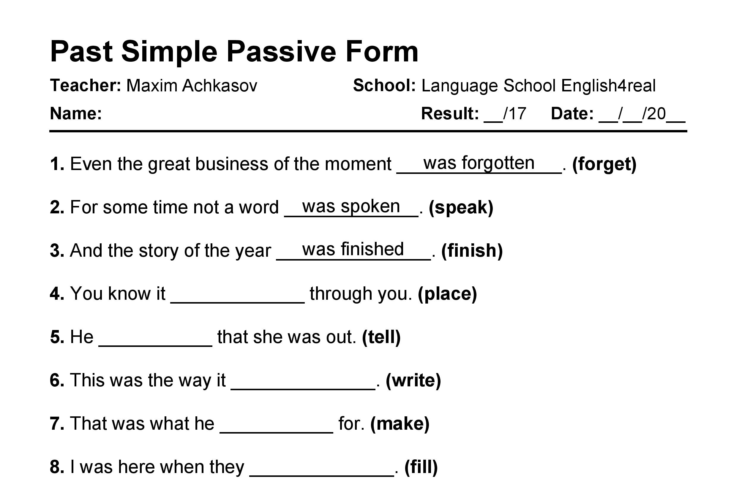Past Simple Passive English Grammar Fill In The Blanks Exercises With Answers In PDF
