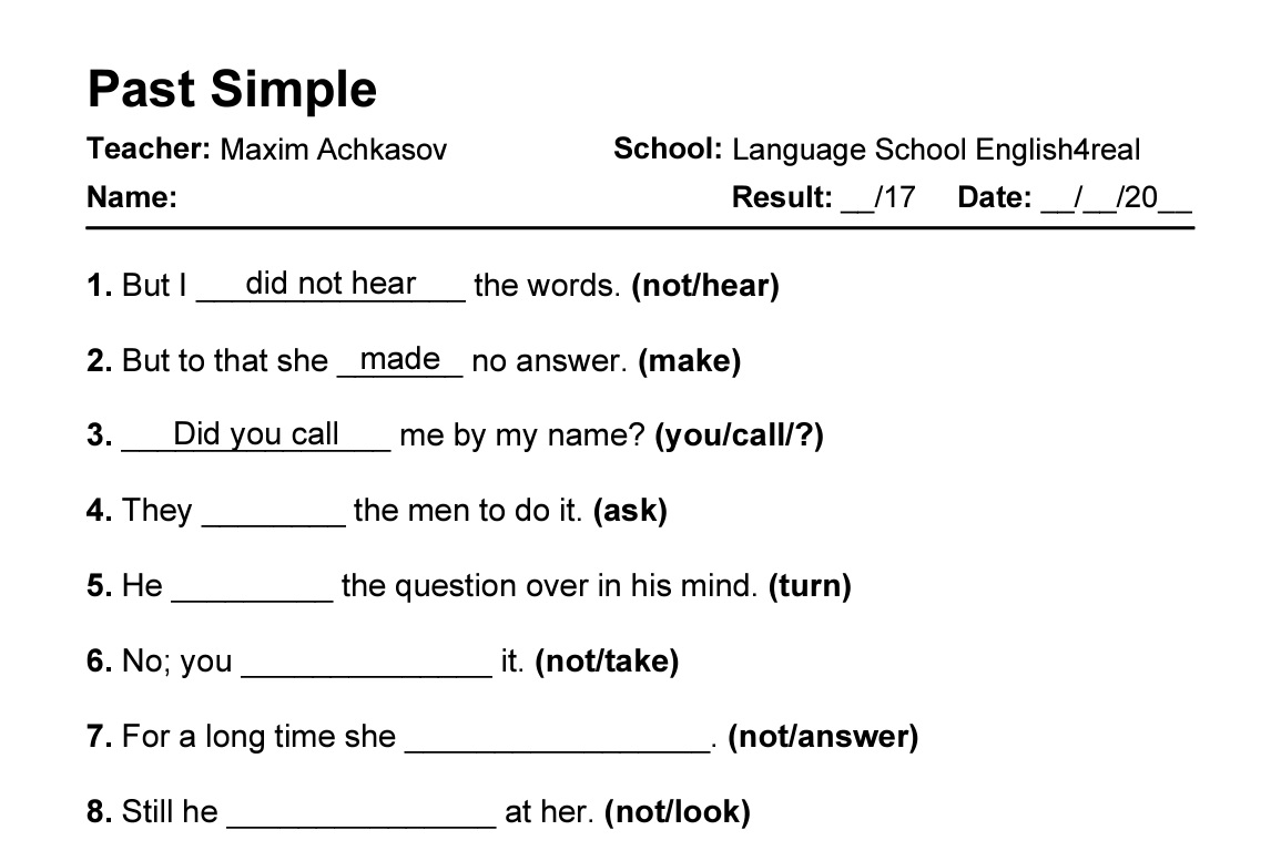 English grammar fill in the blanks exercises with answers in PDF - Past Simple
