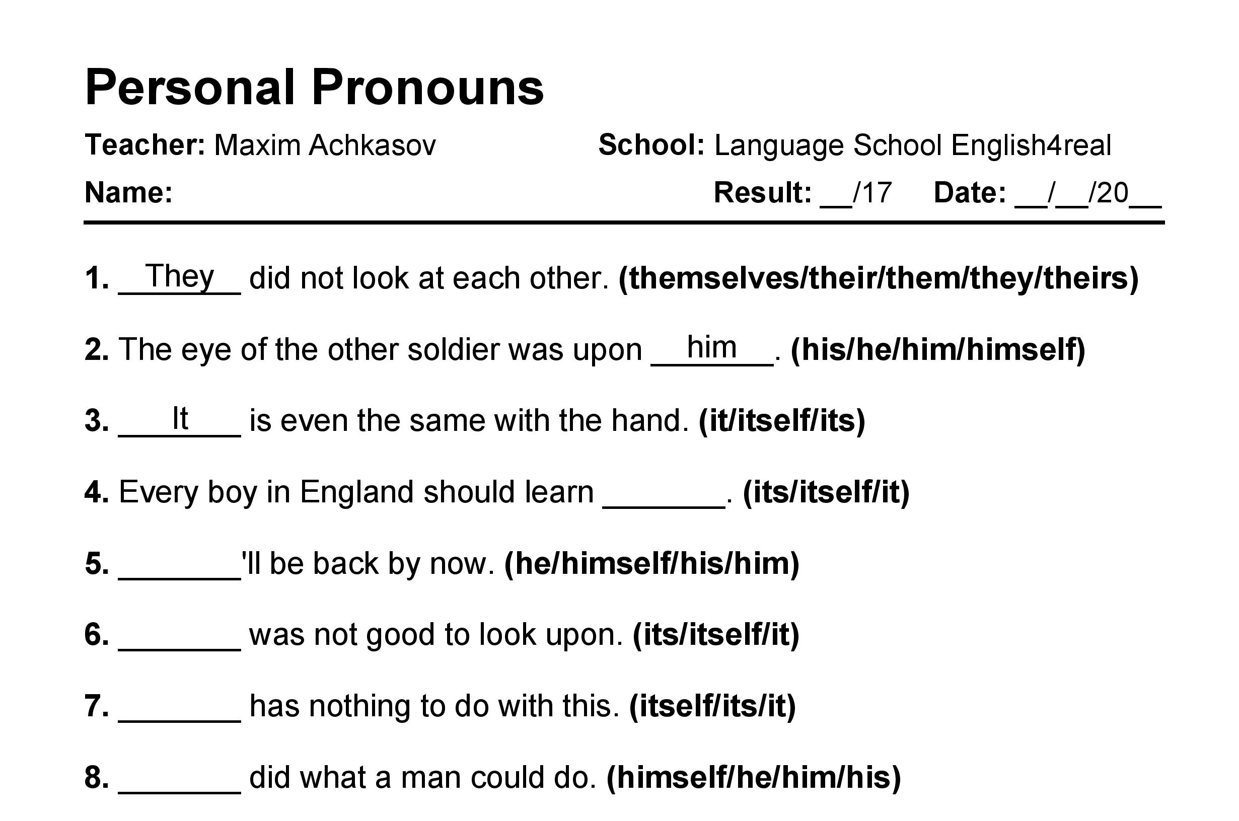 Personal Pronoun Worksheet