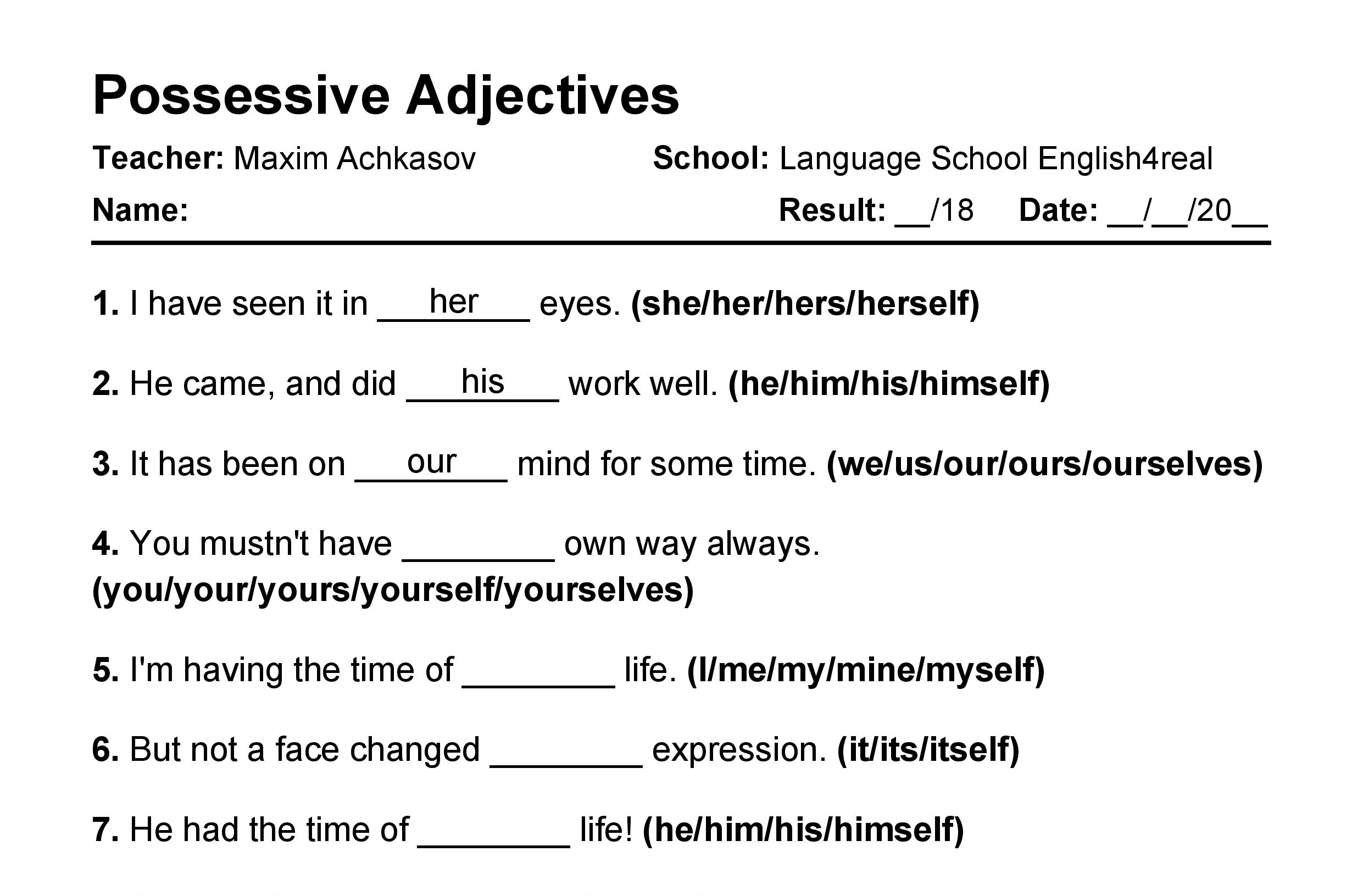 Adjectives Exercises With Answers Pdf Grade 9