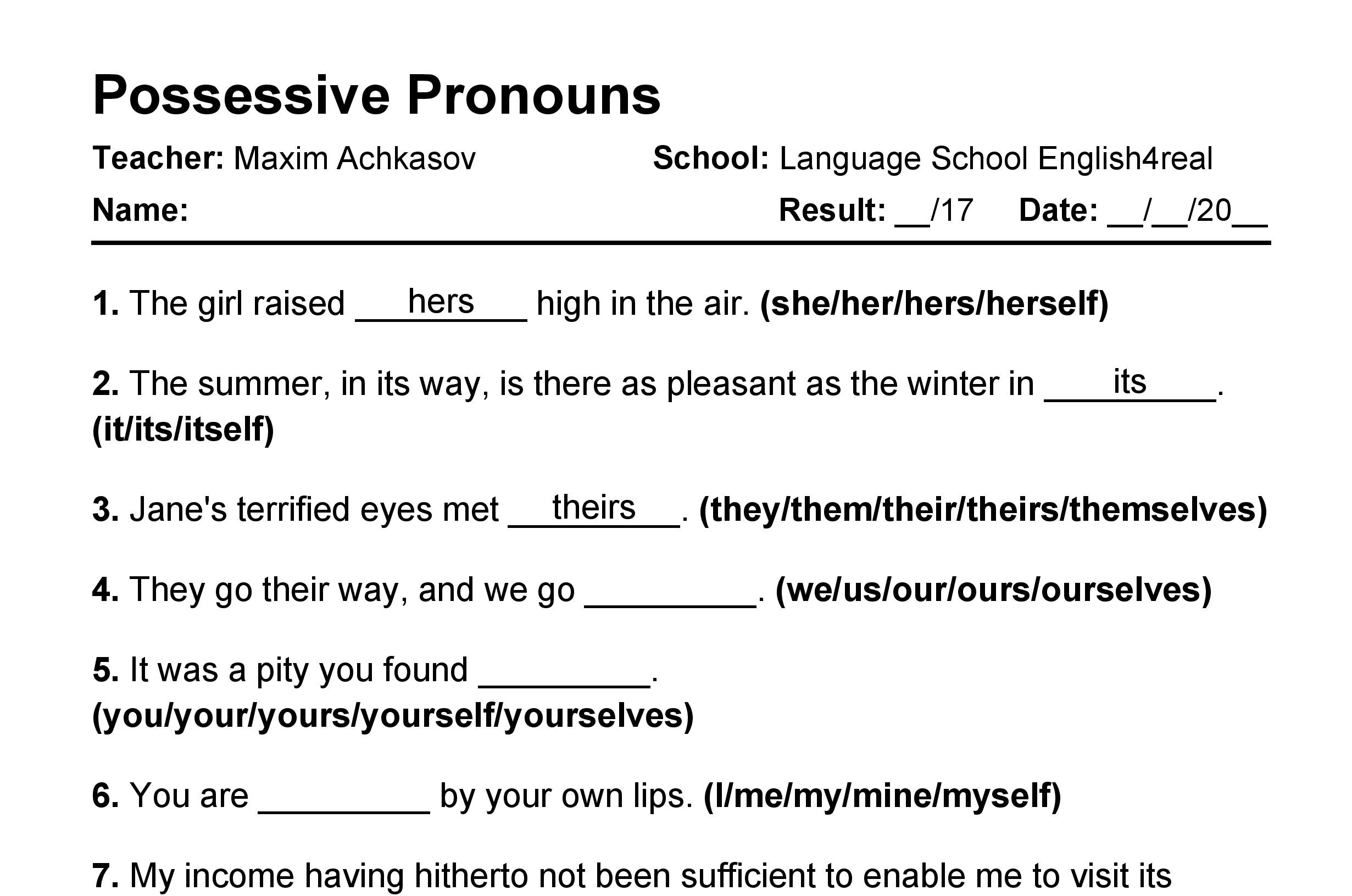 Possessive Pronouns English Grammar Fill In The Blanks Exercises With Answers In Pdf