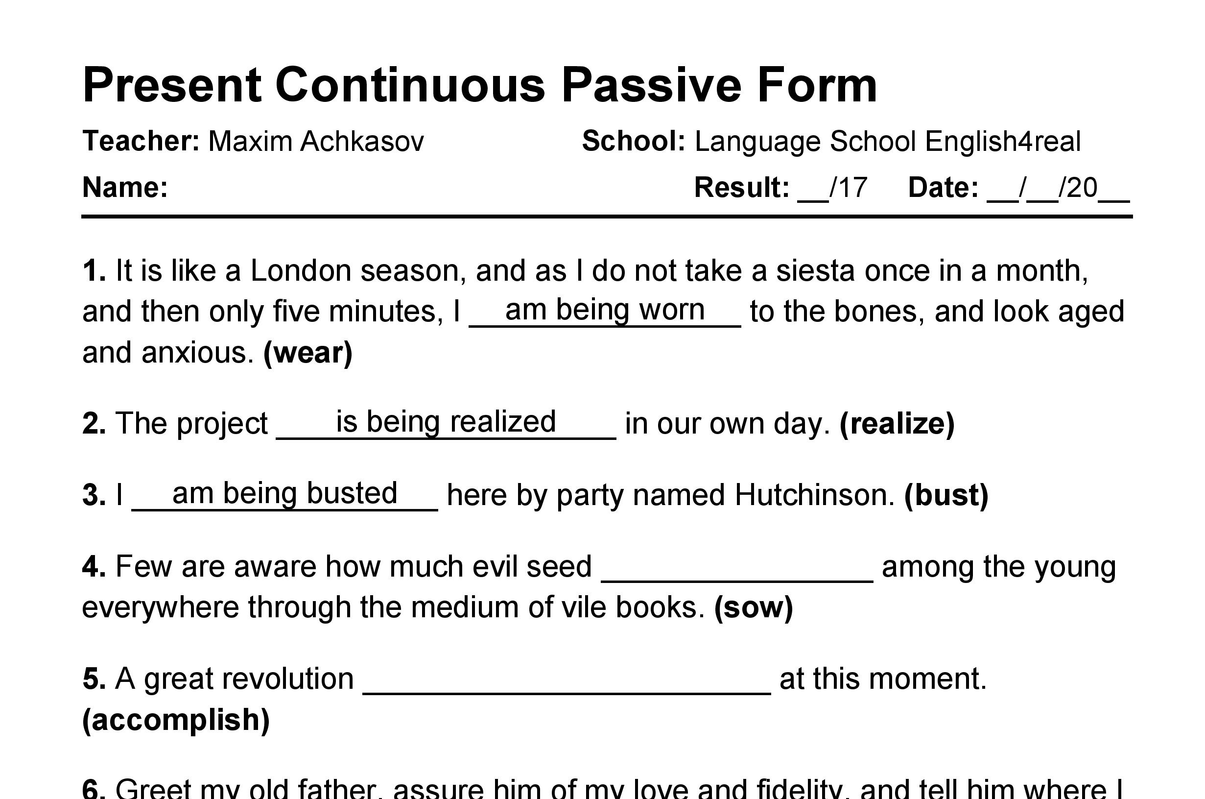 Present Continuous Passive English Grammar Fill In The Blanks Exercises With Answers In PDF