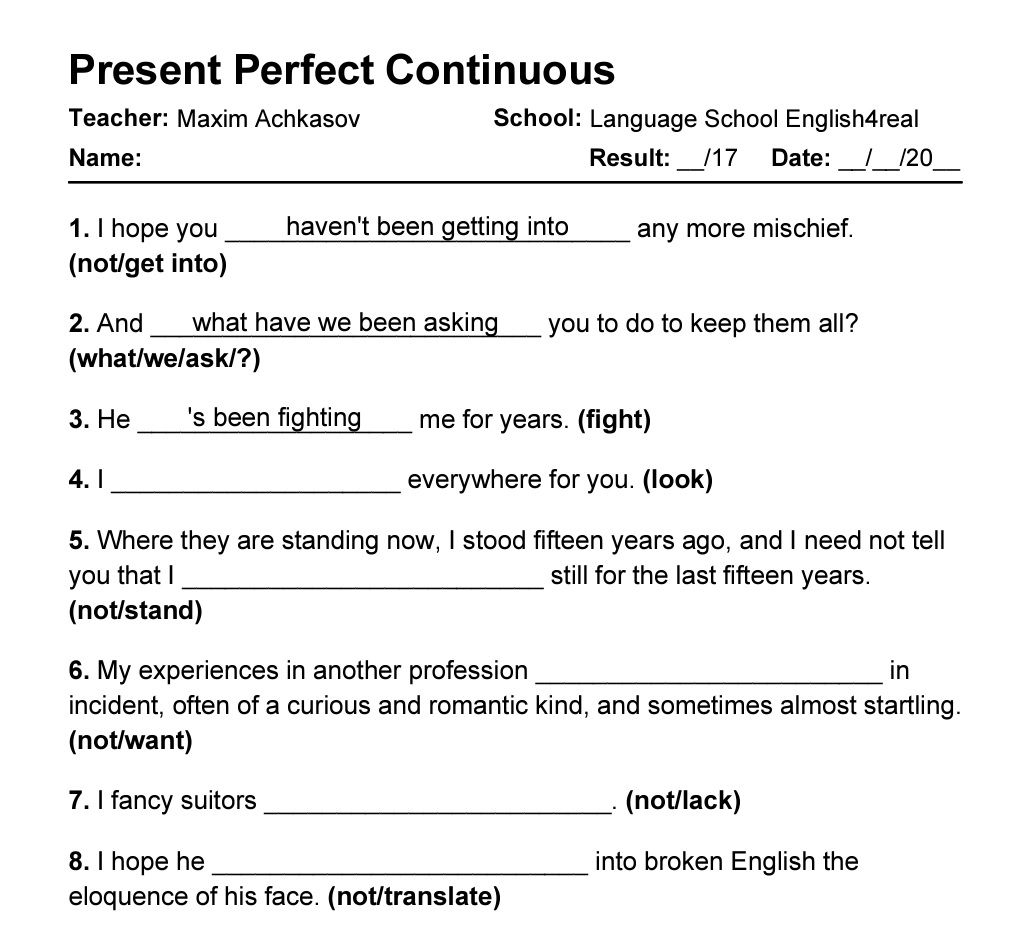 Present Perfect Continuous English Grammar Fill In The Blanks Exercises With Answers In PDF
