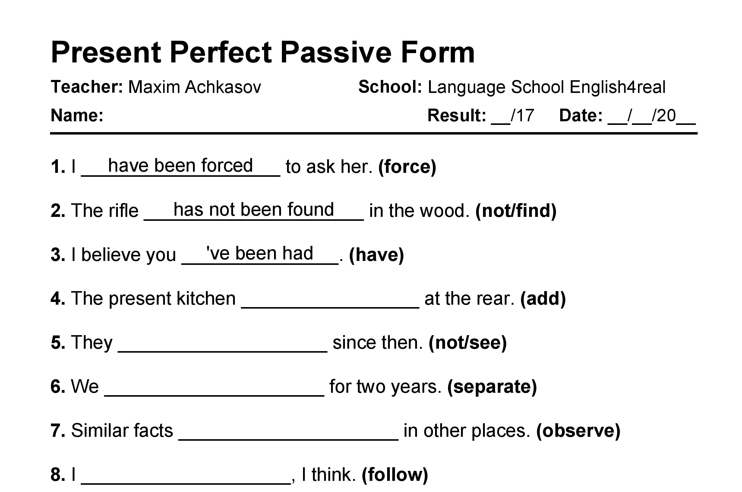 English grammar fill in the blanks exercises with answers in PDF - Present Perfect Passive