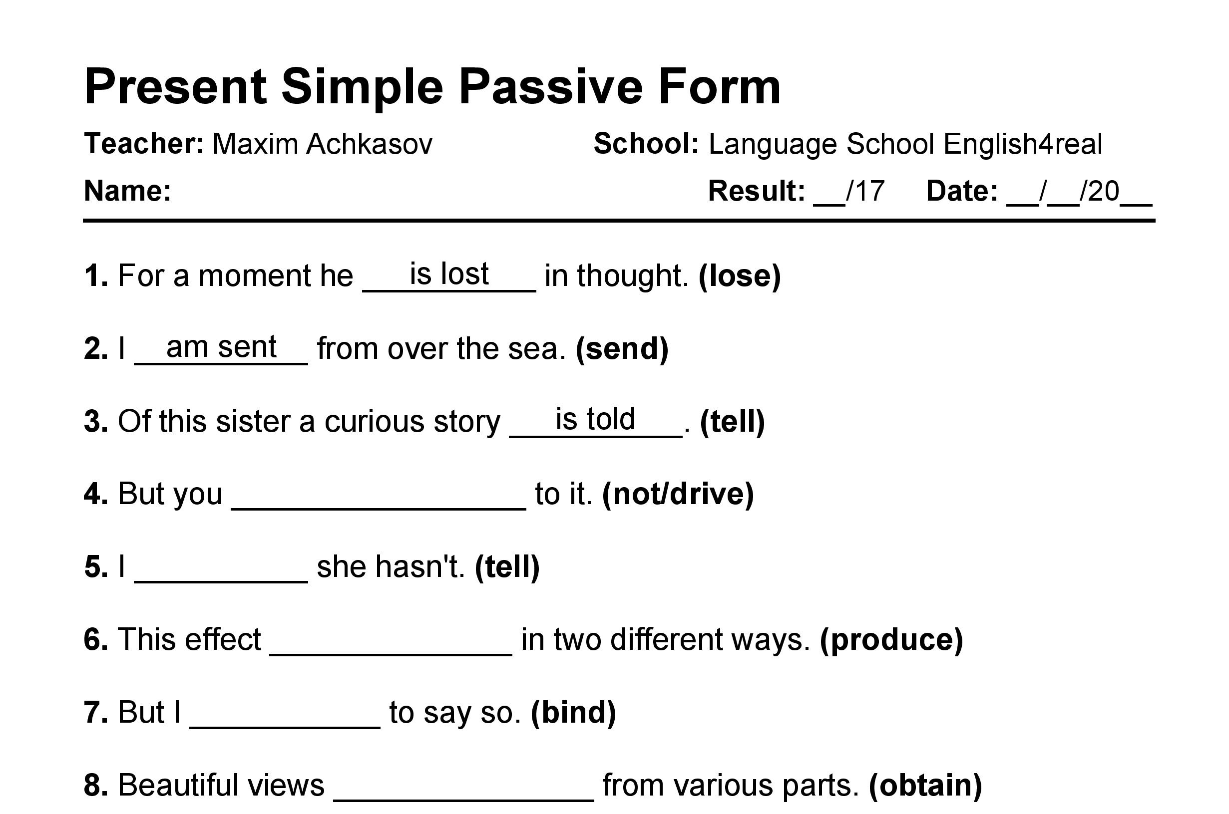 English grammar fill in the blanks exercises with answers in PDF - Present Simple Passive
