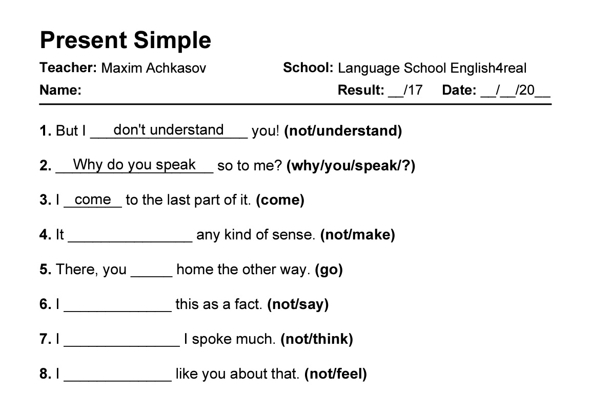 Present Simple English Grammar Fill In The Blanks Exercises With Answers In PDF