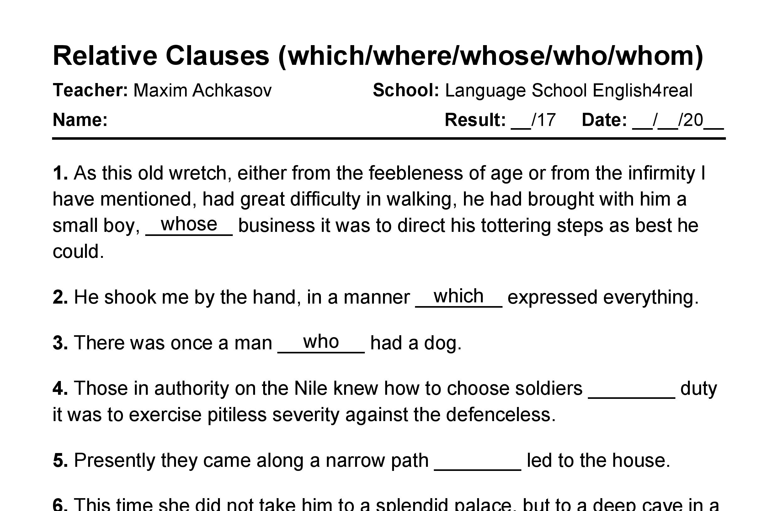 English grammar fill in the blanks exercises with answers in PDF - Relative Clauses