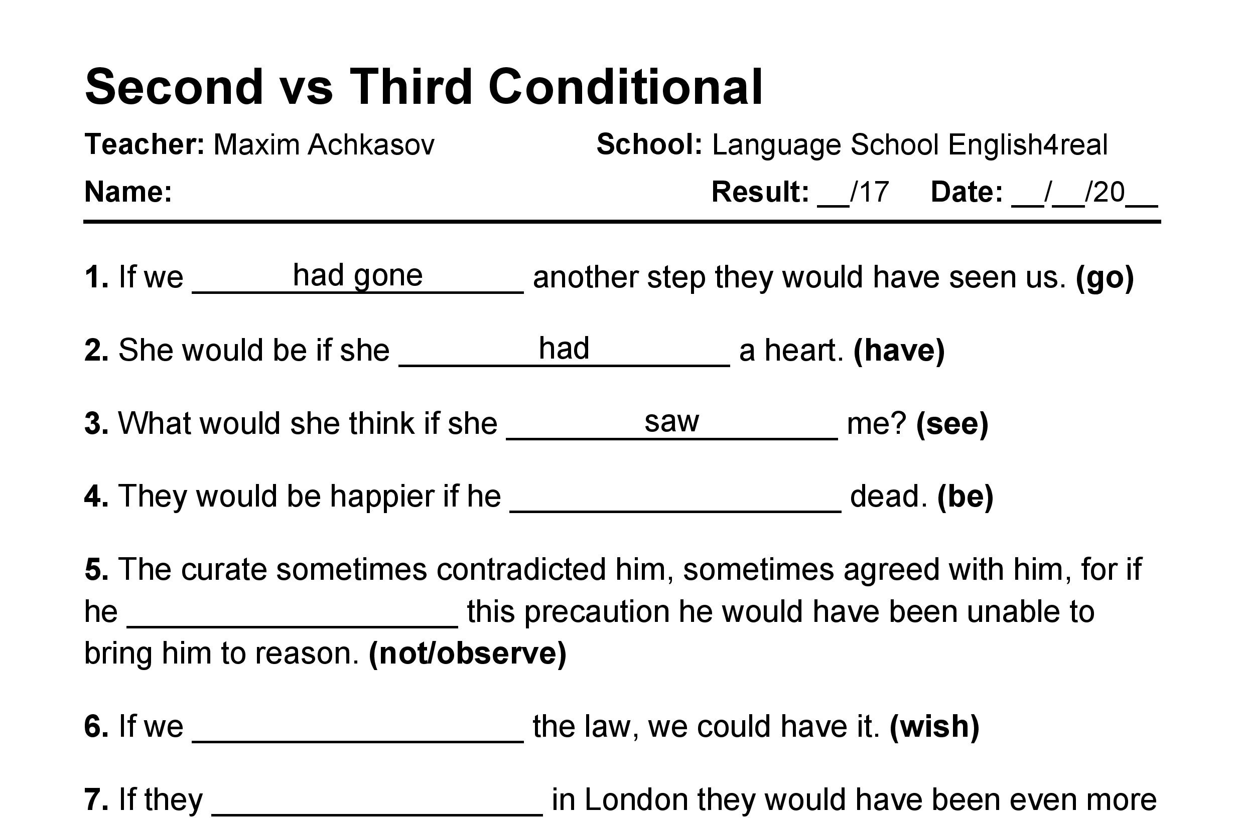 Second Vs Third Conditional English Grammar Fill In The Blanks 