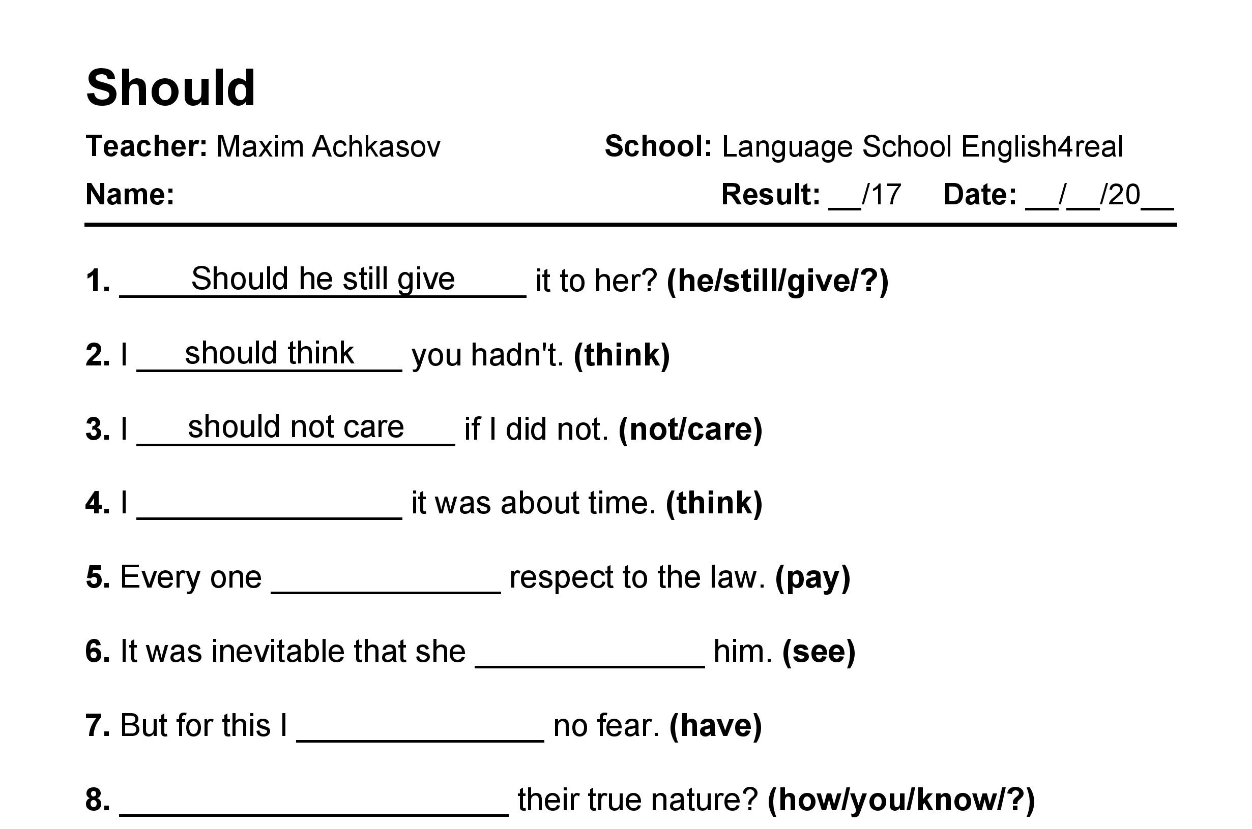 English grammar fill in the blanks exercises with answers in PDF - Should