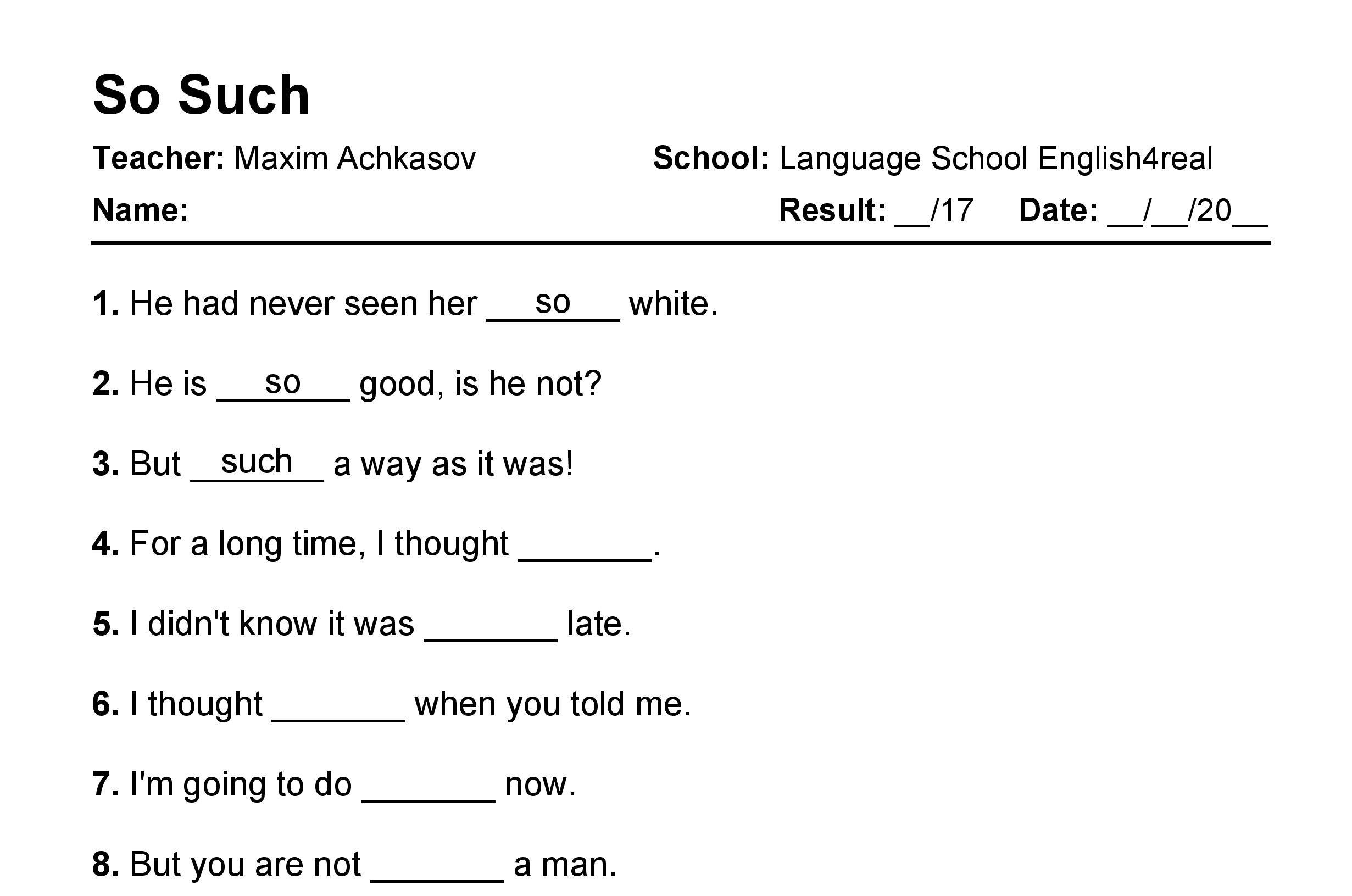 So Vs Such English Grammar Fill In The Blanks Exercises With Answers