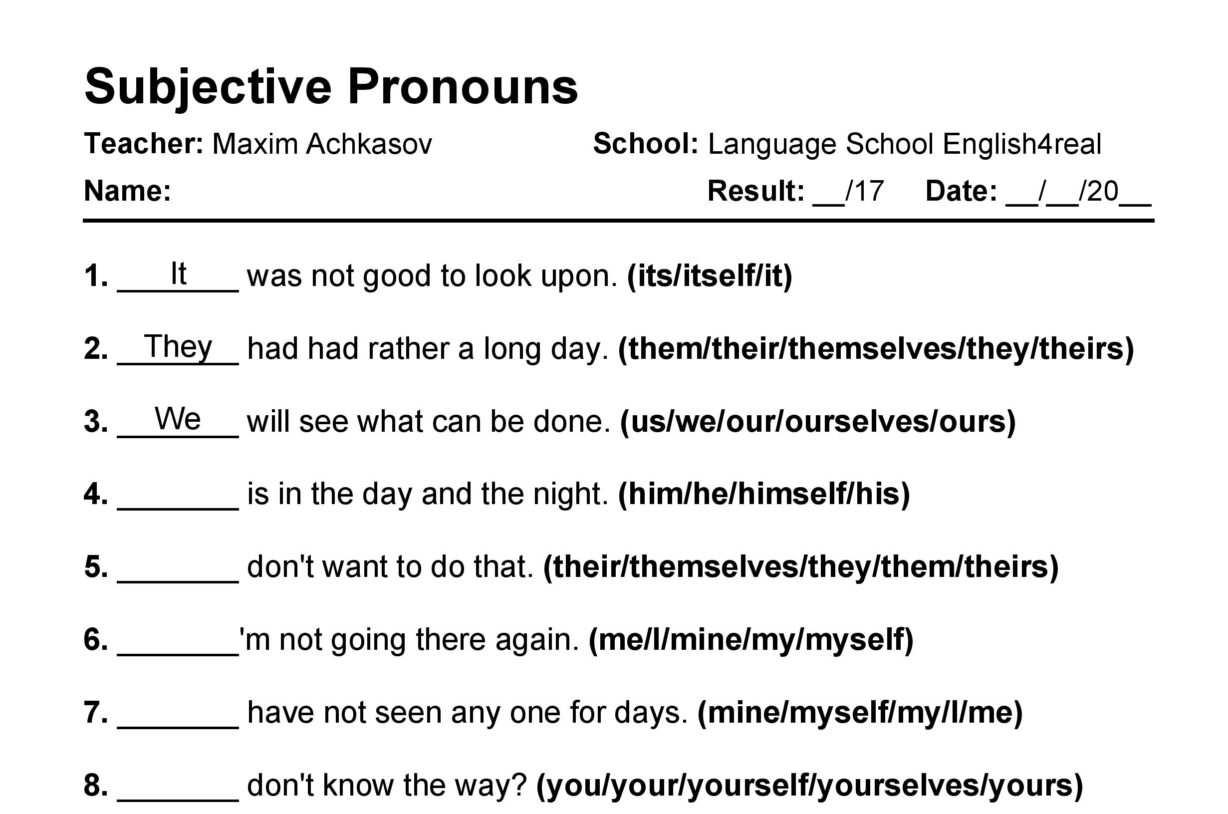 English grammar fill in the blanks exercises with answers in PDF - Subjective Pronouns