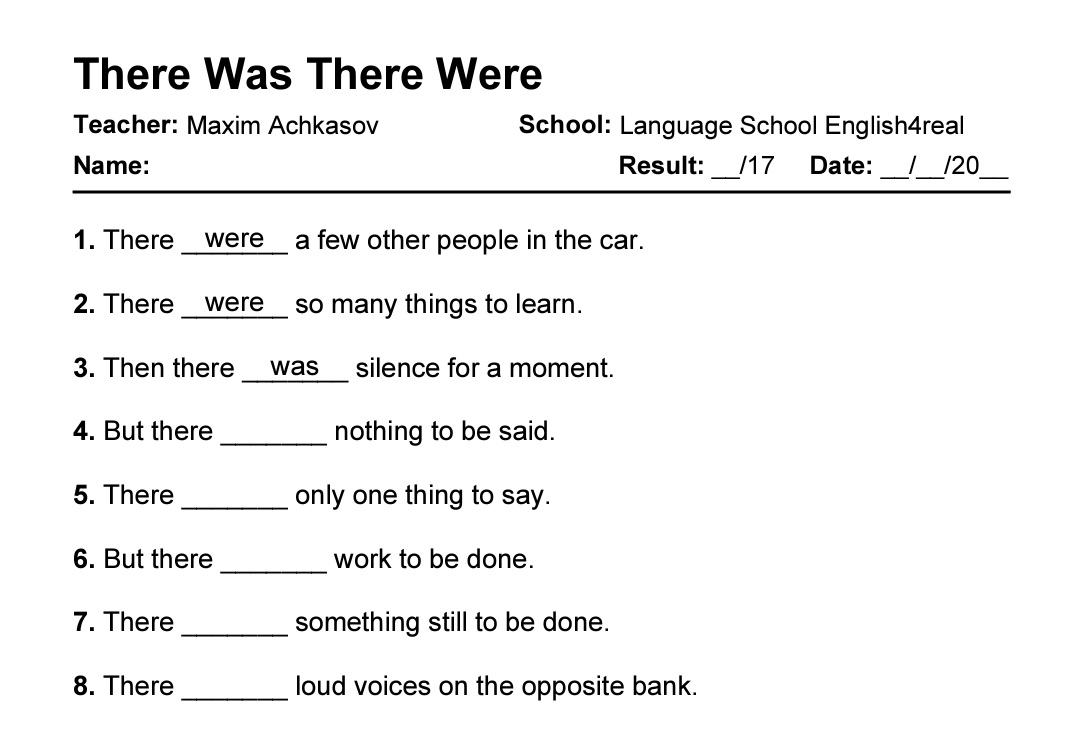 English grammar fill in the blanks exercises with answers in PDF - There Was vs. There Were