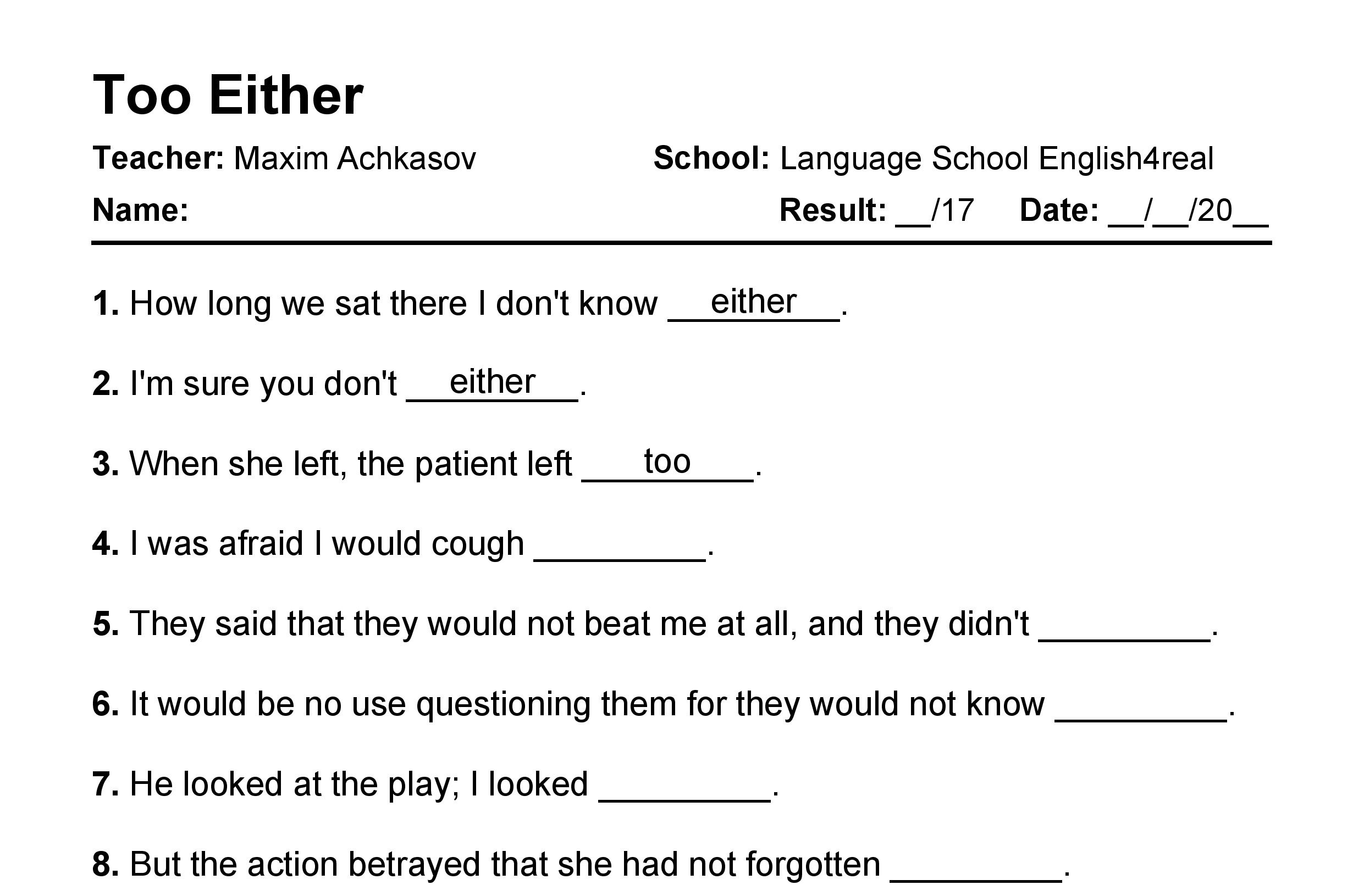 Too Vs Either English Grammar Fill In The Blanks Exercises With 