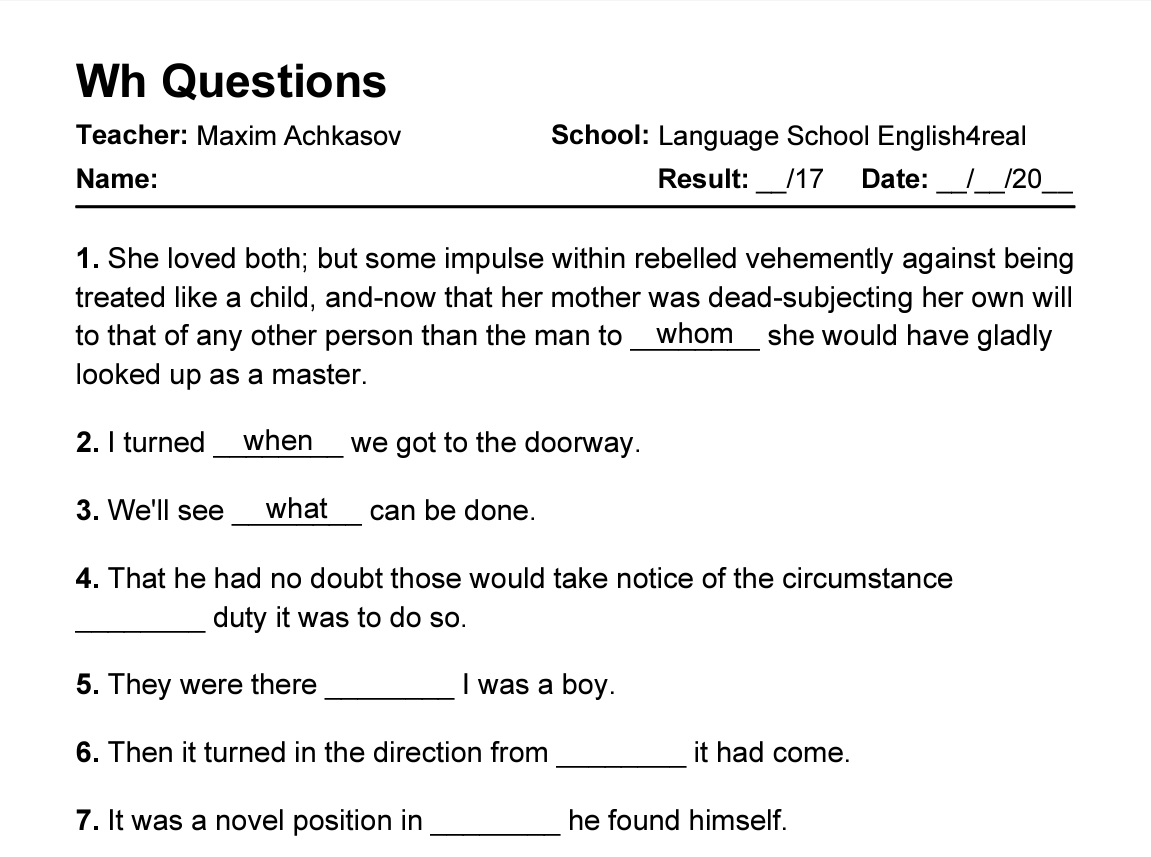 Wh Questions English Grammar Fill In The Blanks Exercises With Answers In Pdf