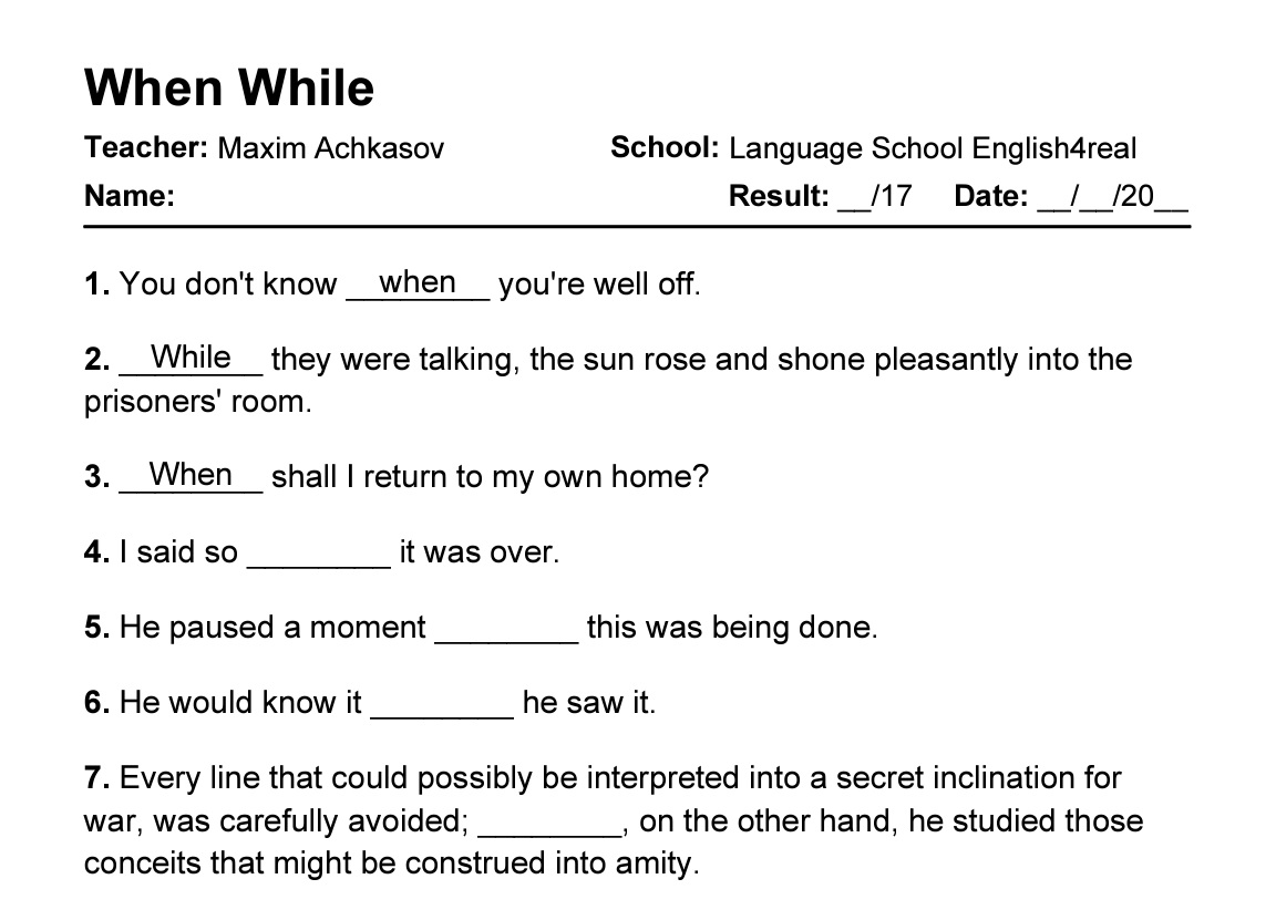 When Vs While English Grammar Fill In The Blanks Exercises With