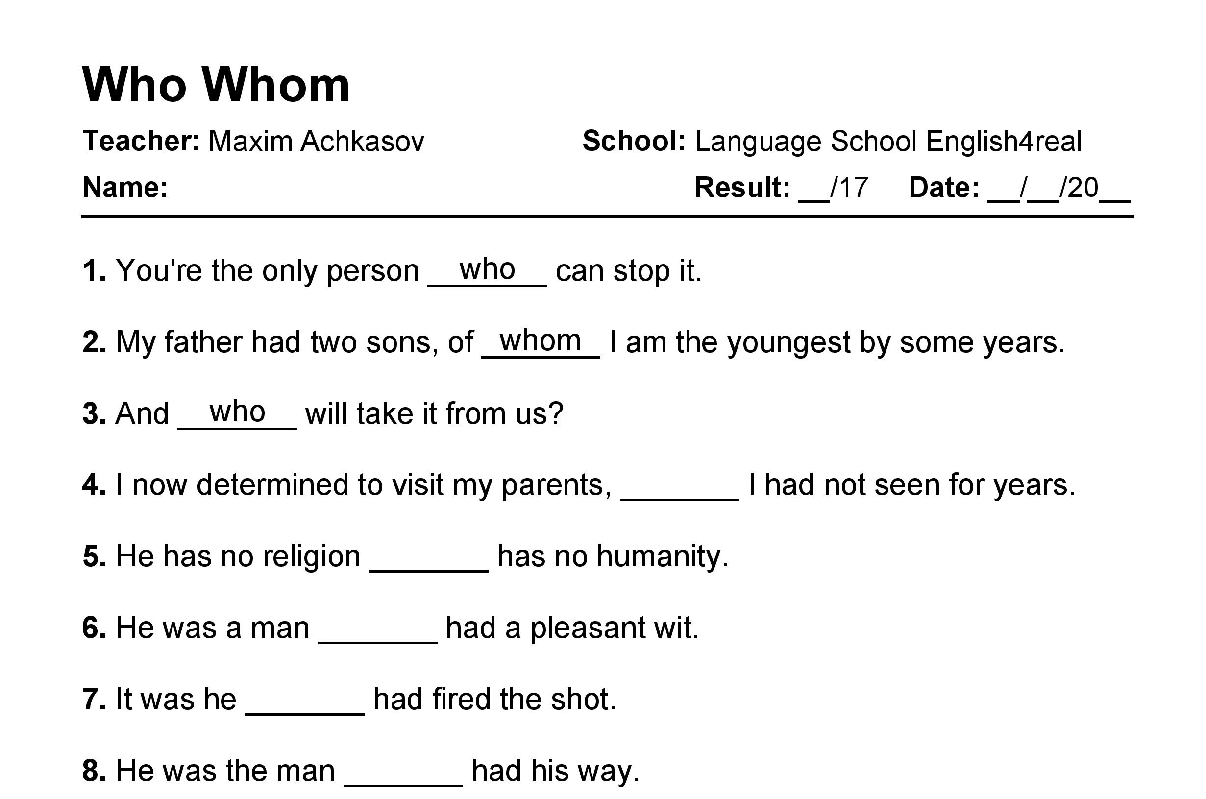 Who Vs Whom English Grammar Fill In The Blanks Exercises With 