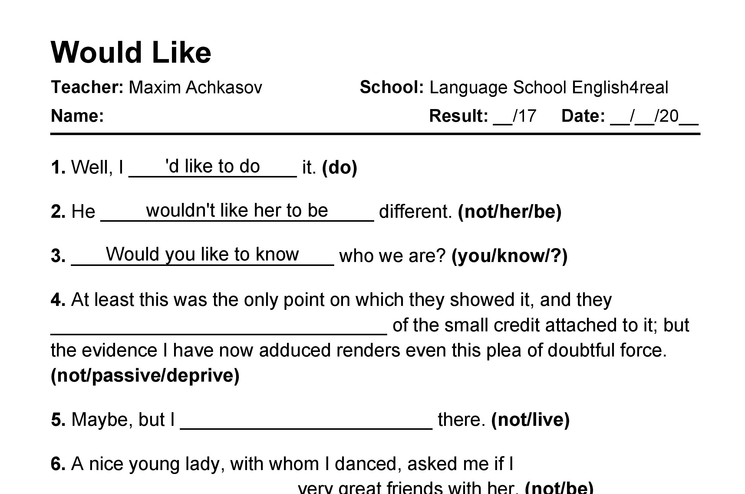 Would Like English Grammar Fill In The Blanks Exercises With Answers 